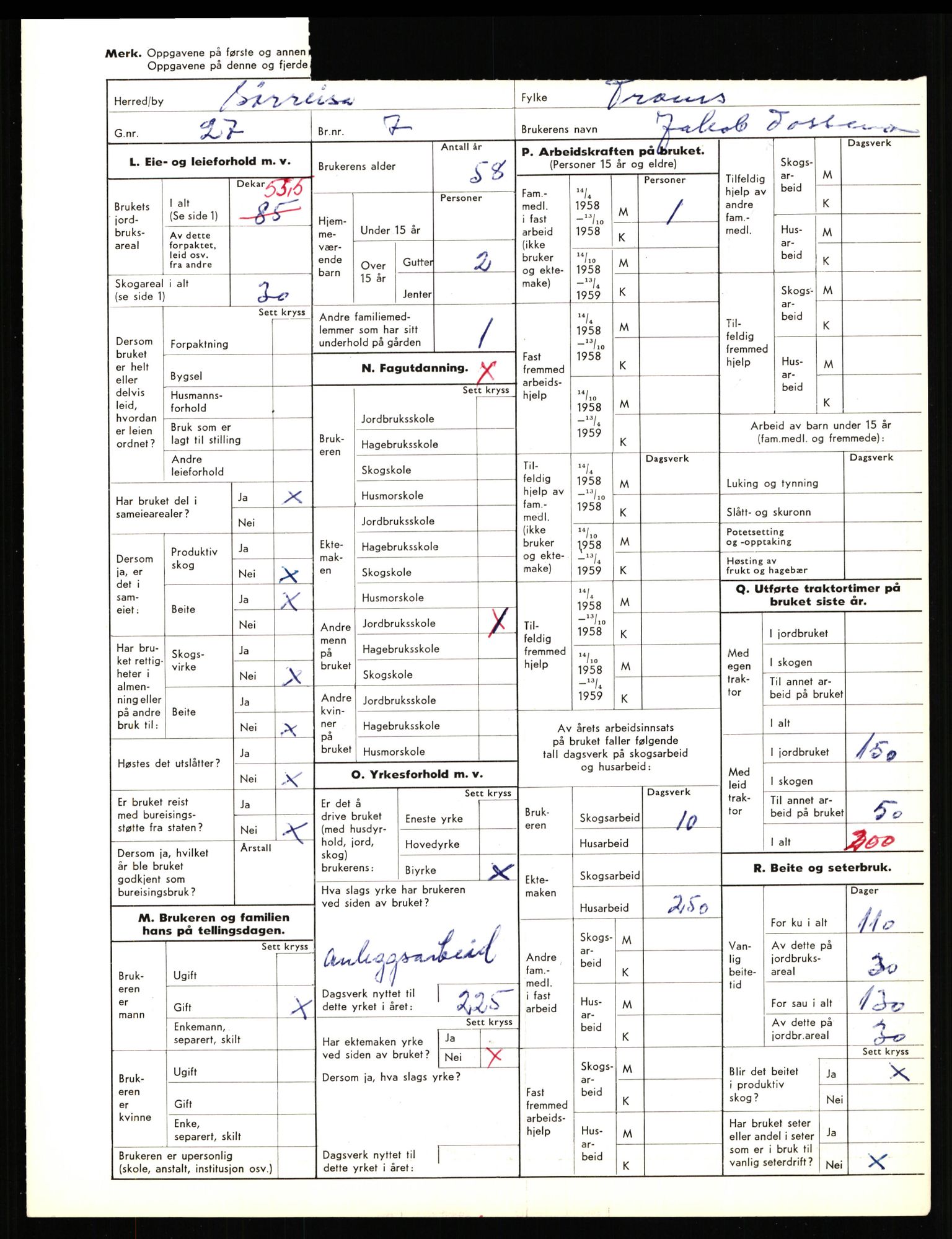 Statistisk sentralbyrå, Næringsøkonomiske emner, Jordbruk, skogbruk, jakt, fiske og fangst, AV/RA-S-2234/G/Gd/L0656: Troms: 1924 Målselv (kl. 0-3) og 1925 Sørreisa, 1959, s. 2017