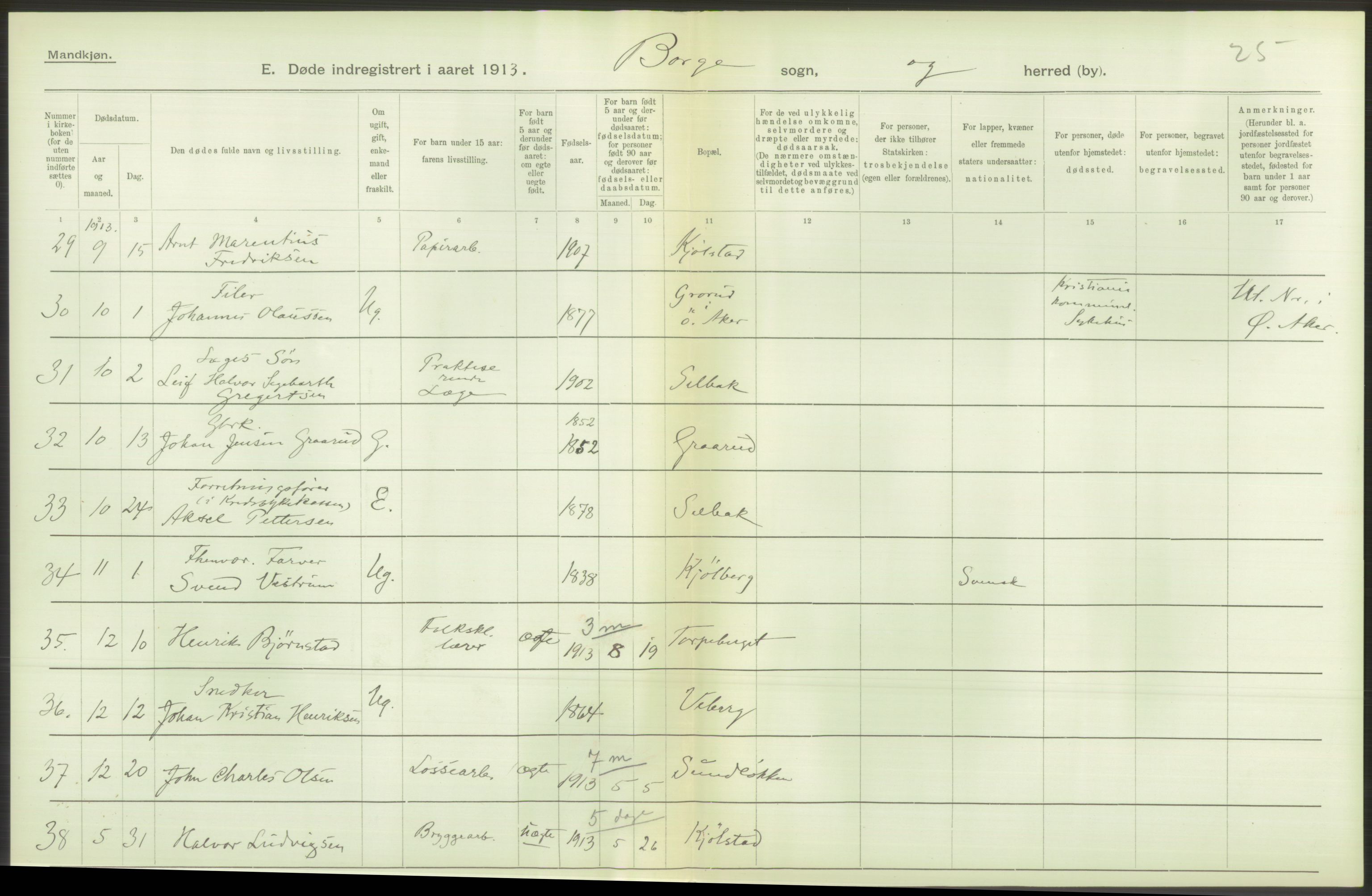 Statistisk sentralbyrå, Sosiodemografiske emner, Befolkning, AV/RA-S-2228/D/Df/Dfb/Dfbc/L0003: Smålenenes amt: Døde, dødfødte. Bygder og byer., 1913, s. 314