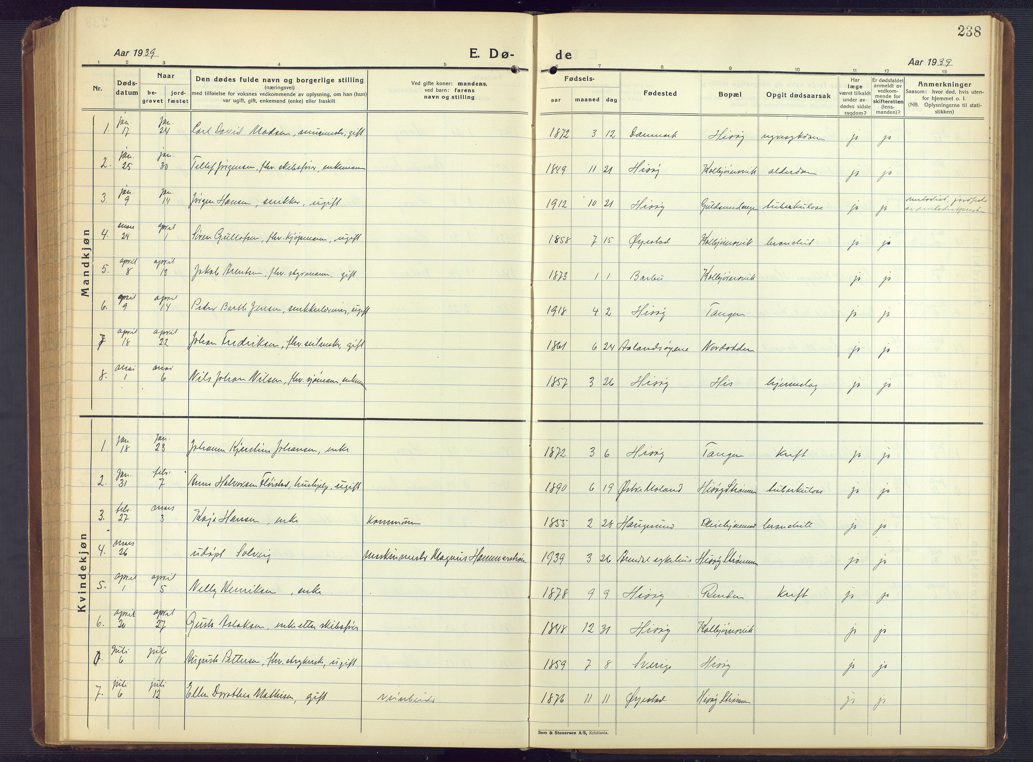 Hisøy sokneprestkontor, AV/SAK-1111-0020/F/Fb/L0005: Klokkerbok nr. B 5, 1924-1946, s. 238