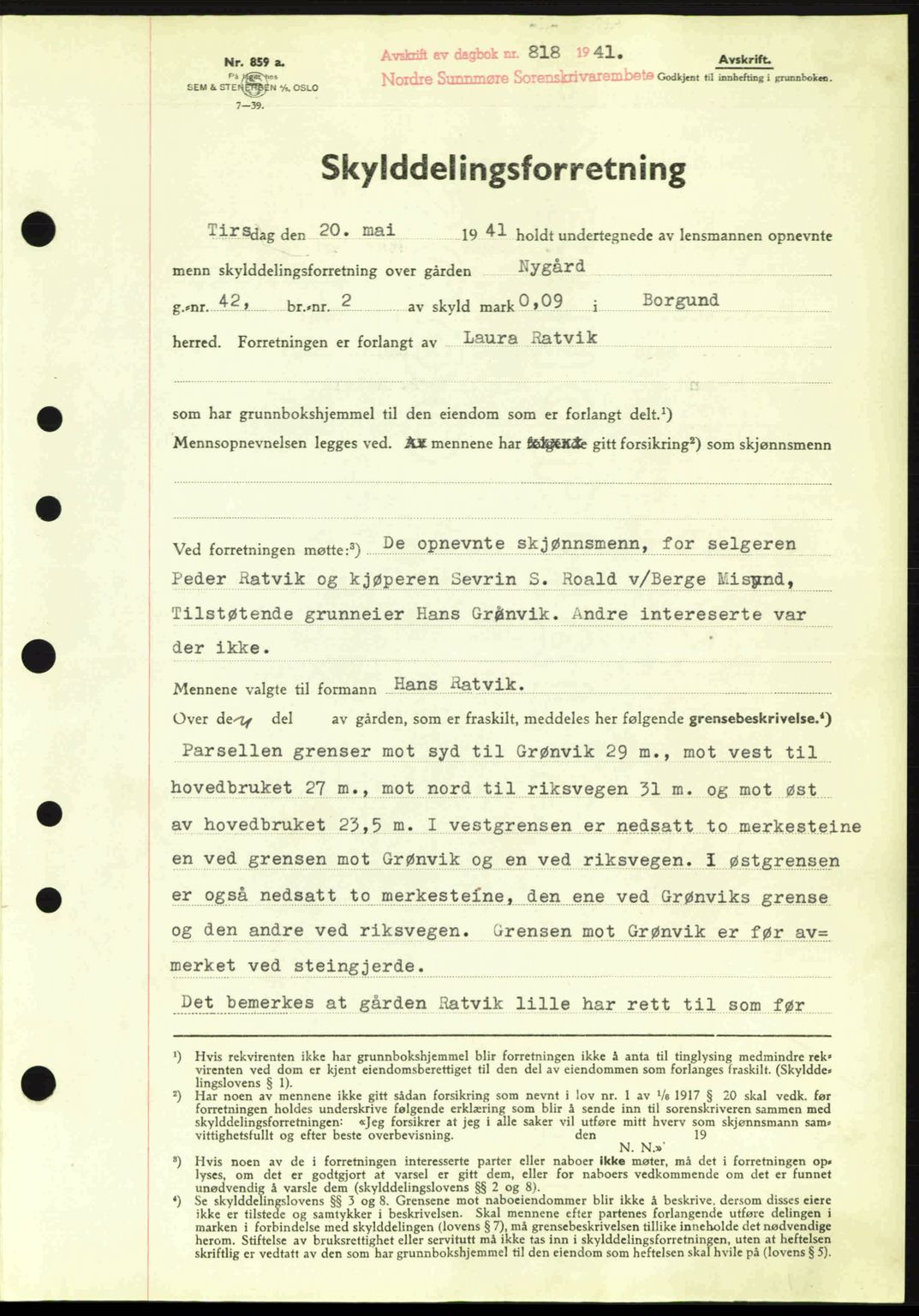 Nordre Sunnmøre sorenskriveri, SAT/A-0006/1/2/2C/2Ca: Pantebok nr. A11, 1941-1941, Dagboknr: 818/1941