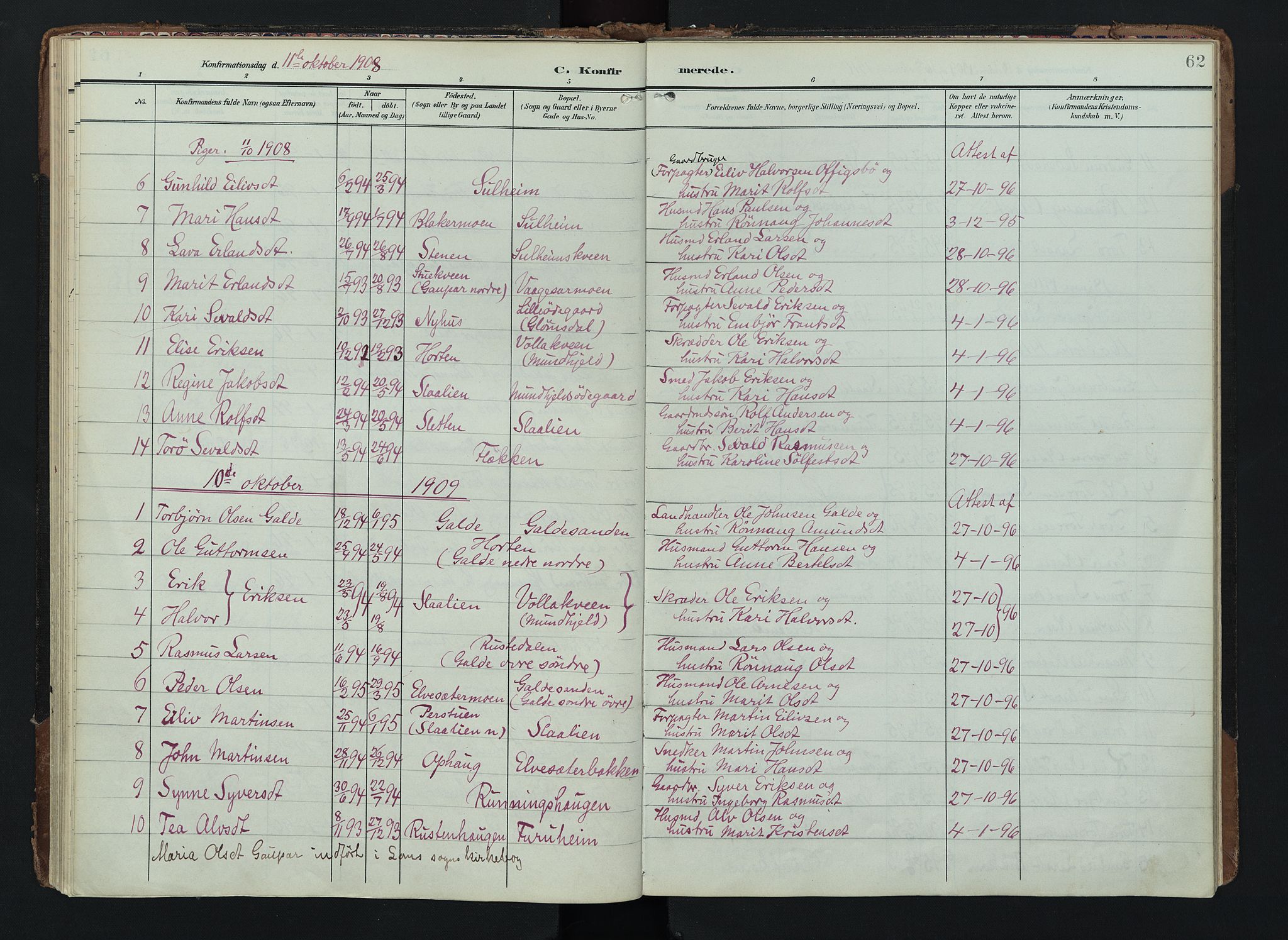 Lom prestekontor, AV/SAH-PREST-070/K/L0012: Ministerialbok nr. 12, 1904-1928, s. 62