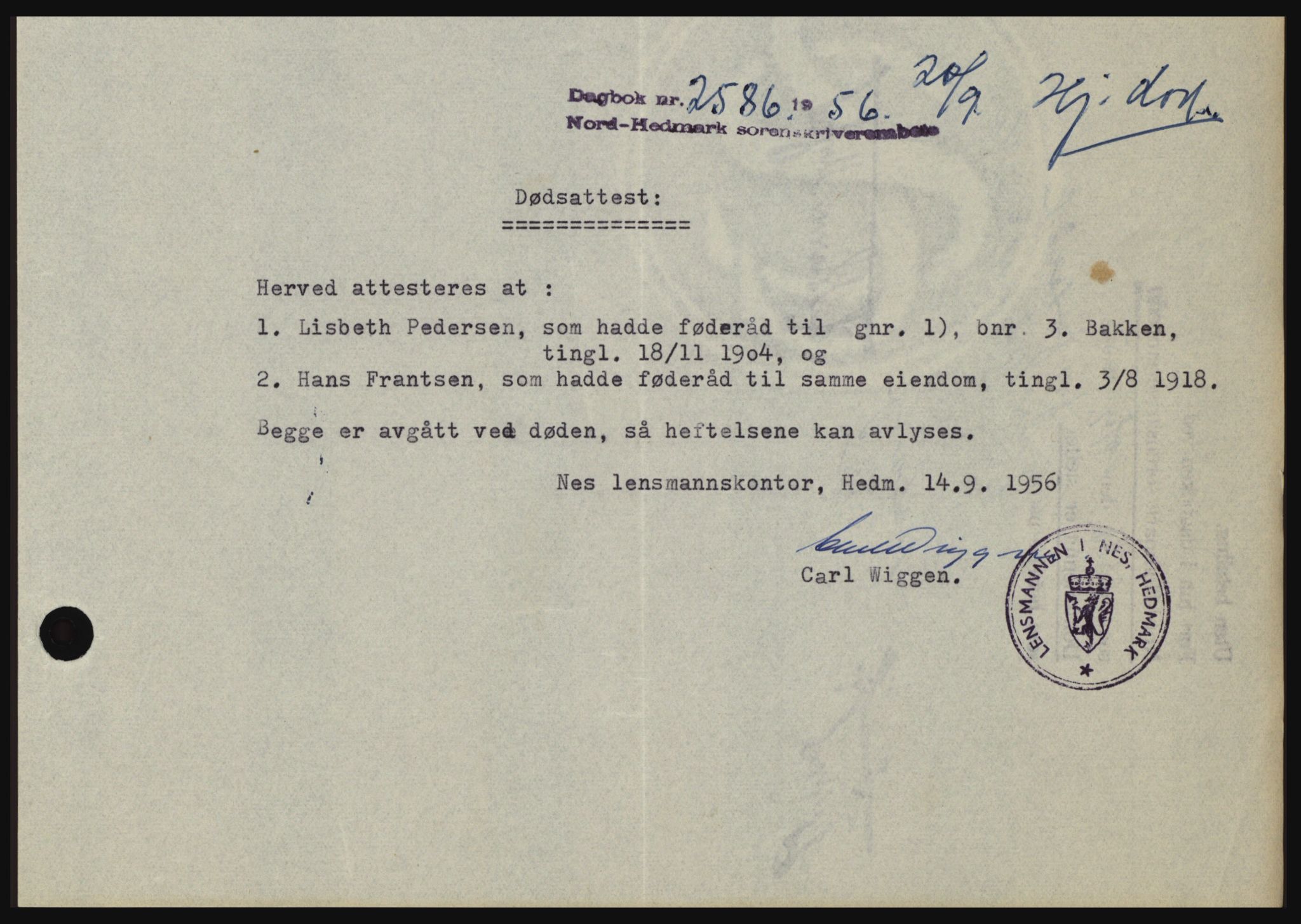 Nord-Hedmark sorenskriveri, SAH/TING-012/H/Hc/L0010: Pantebok nr. 10, 1955-1956, Dagboknr: 2586/1956