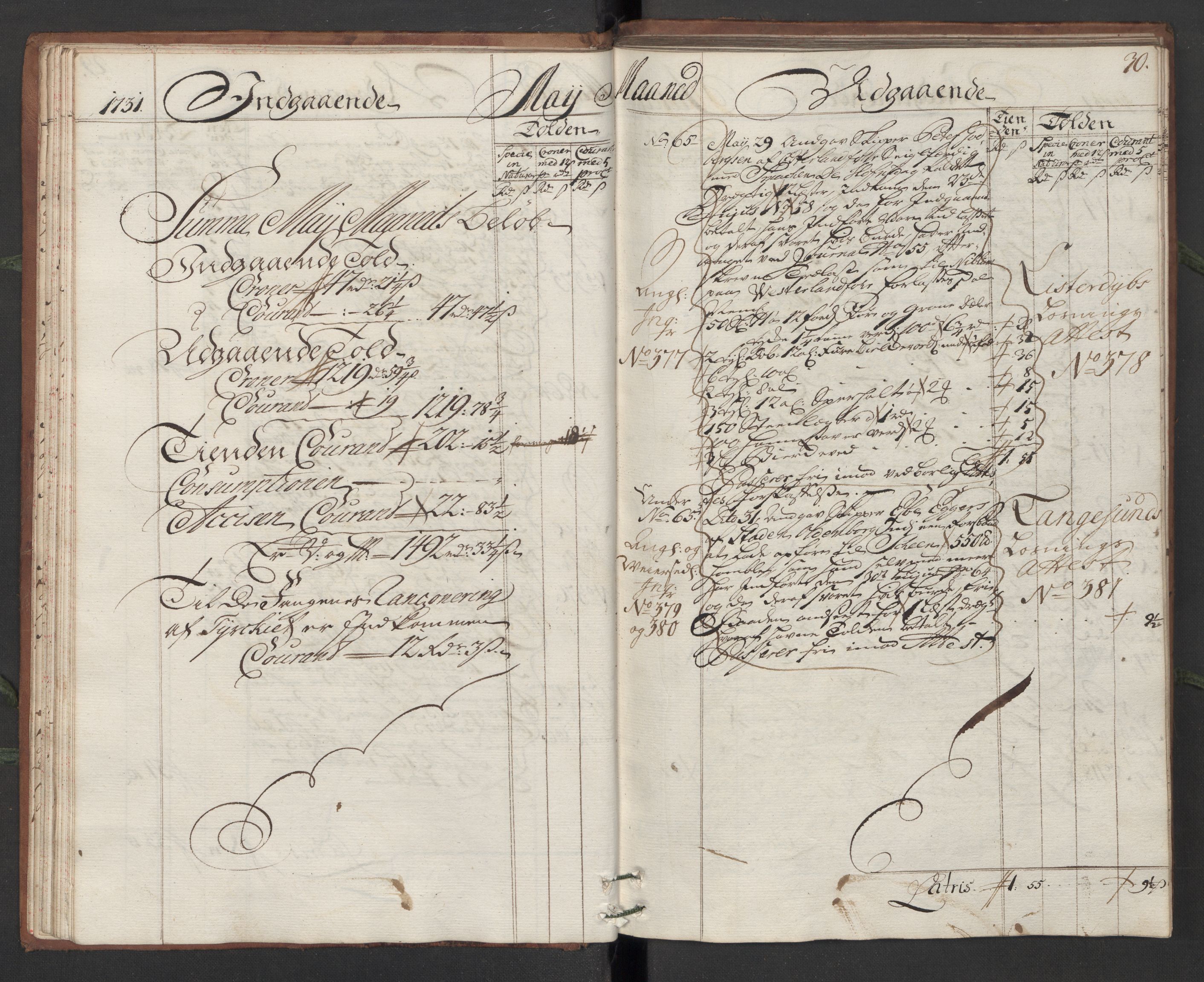 Generaltollkammeret, tollregnskaper, RA/EA-5490/R13/L0006/0001: Tollregnskaper Kragerø / Hovedtollbok, 1731, s. 29b-30a