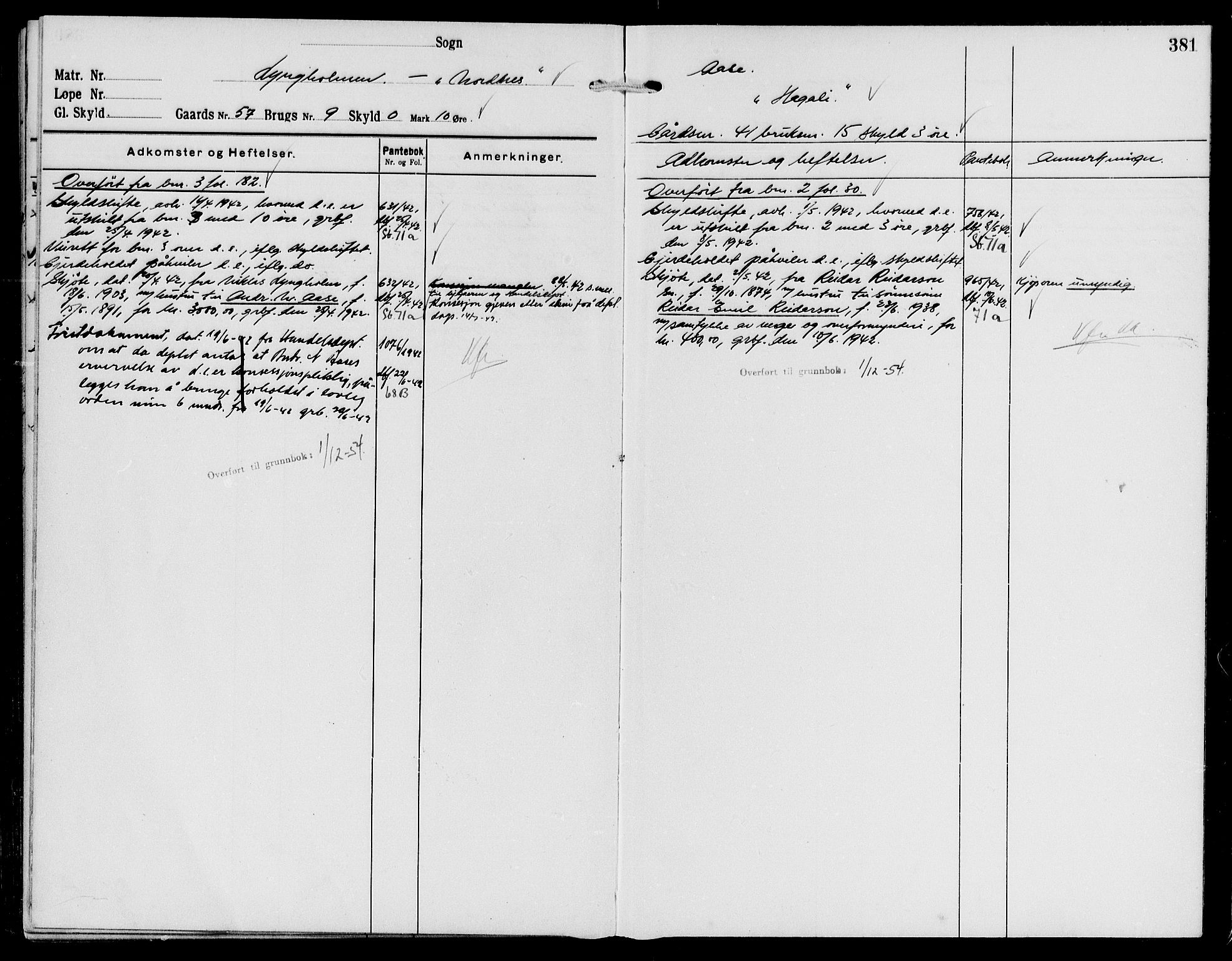 Sunnhordland sorenskrivar, SAB/A-2401/1/G/Ga/Gak/L0006: Panteregister nr. II.A.k.6, 1921-1956, s. 381