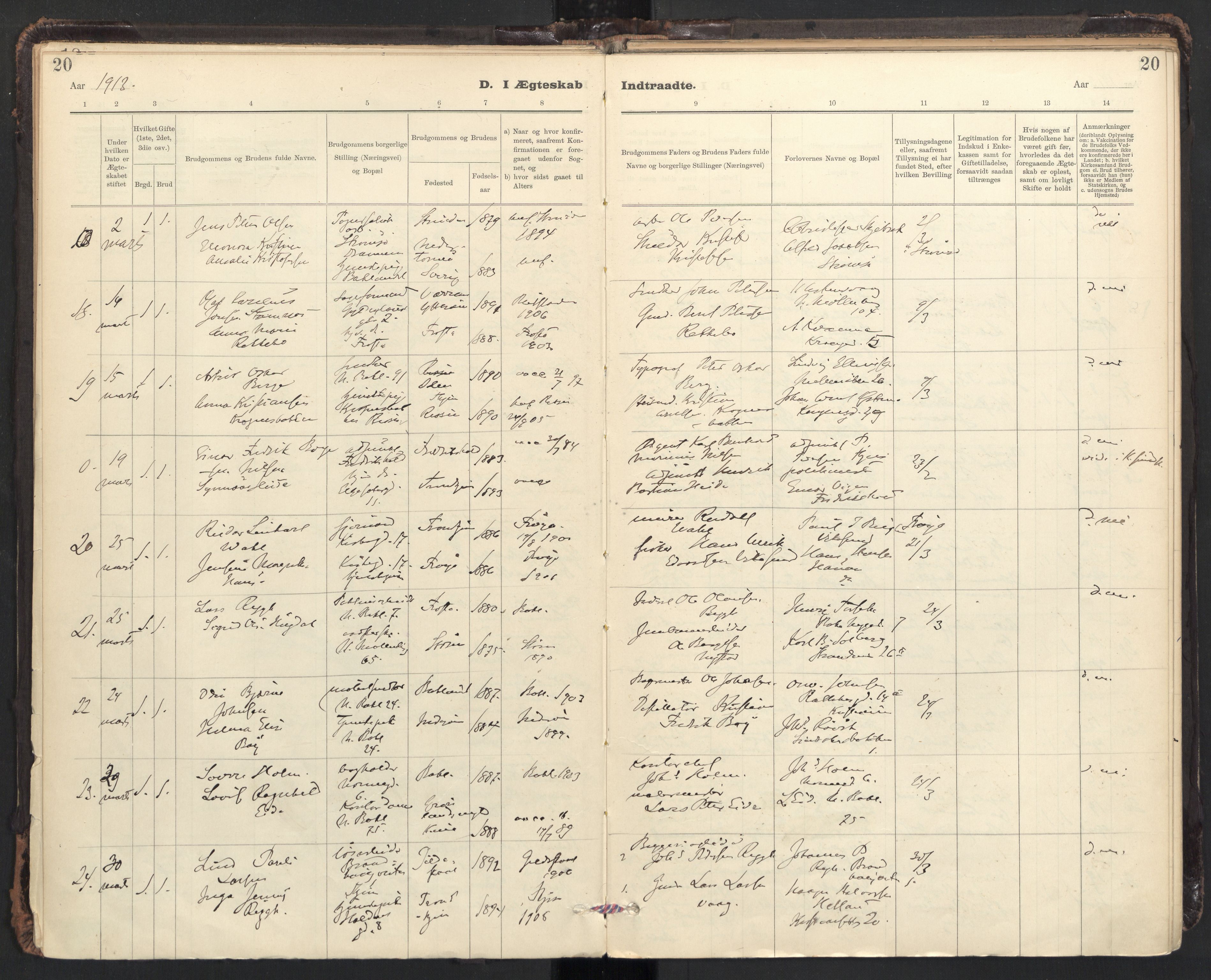 Ministerialprotokoller, klokkerbøker og fødselsregistre - Sør-Trøndelag, SAT/A-1456/604/L0204: Ministerialbok nr. 604A24, 1911-1920, s. 20