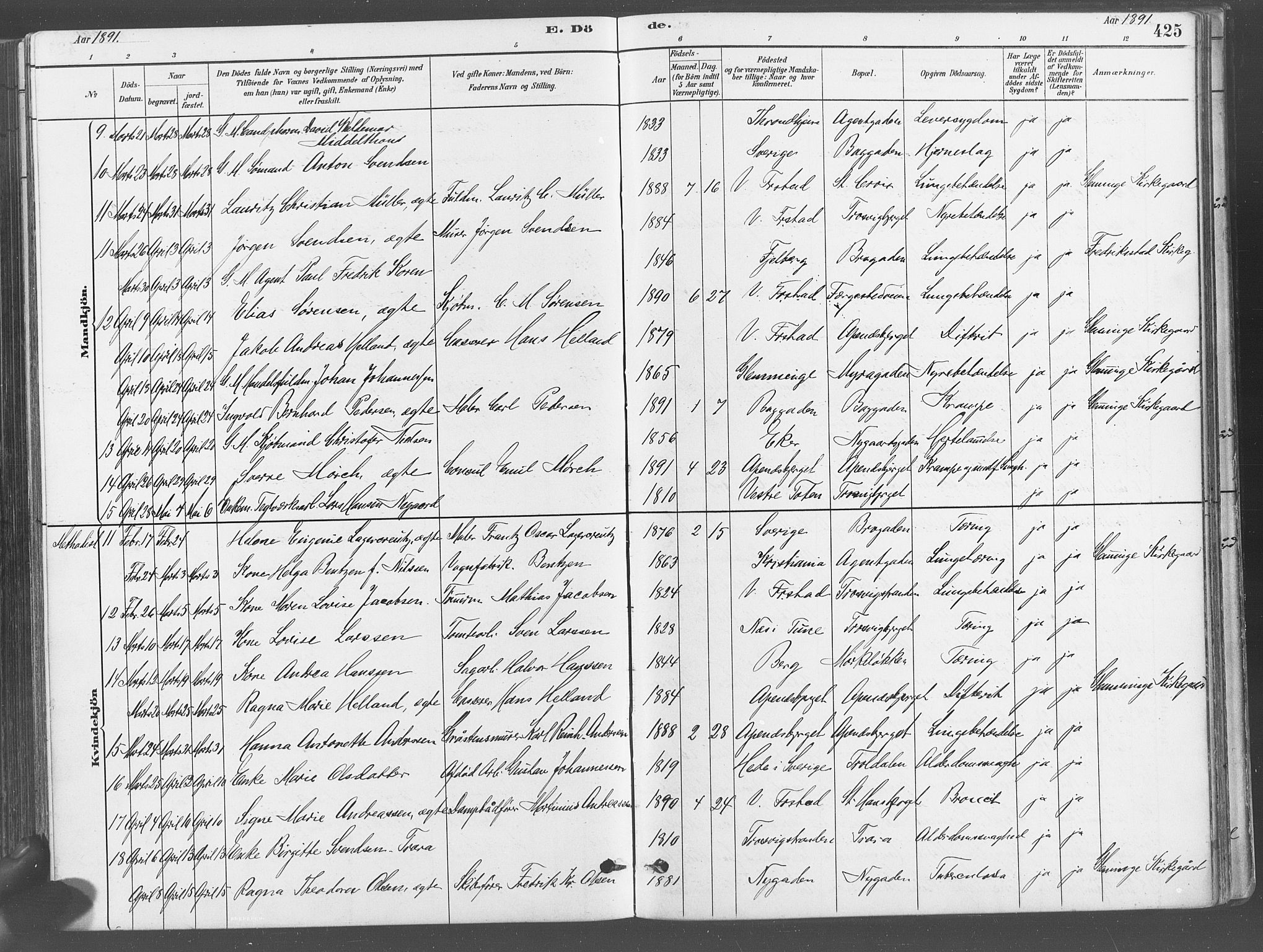 Fredrikstad domkirkes prestekontor Kirkebøker, AV/SAO-A-10906/G/Ga/L0003: Klokkerbok nr. 3, 1880-1900, s. 425
