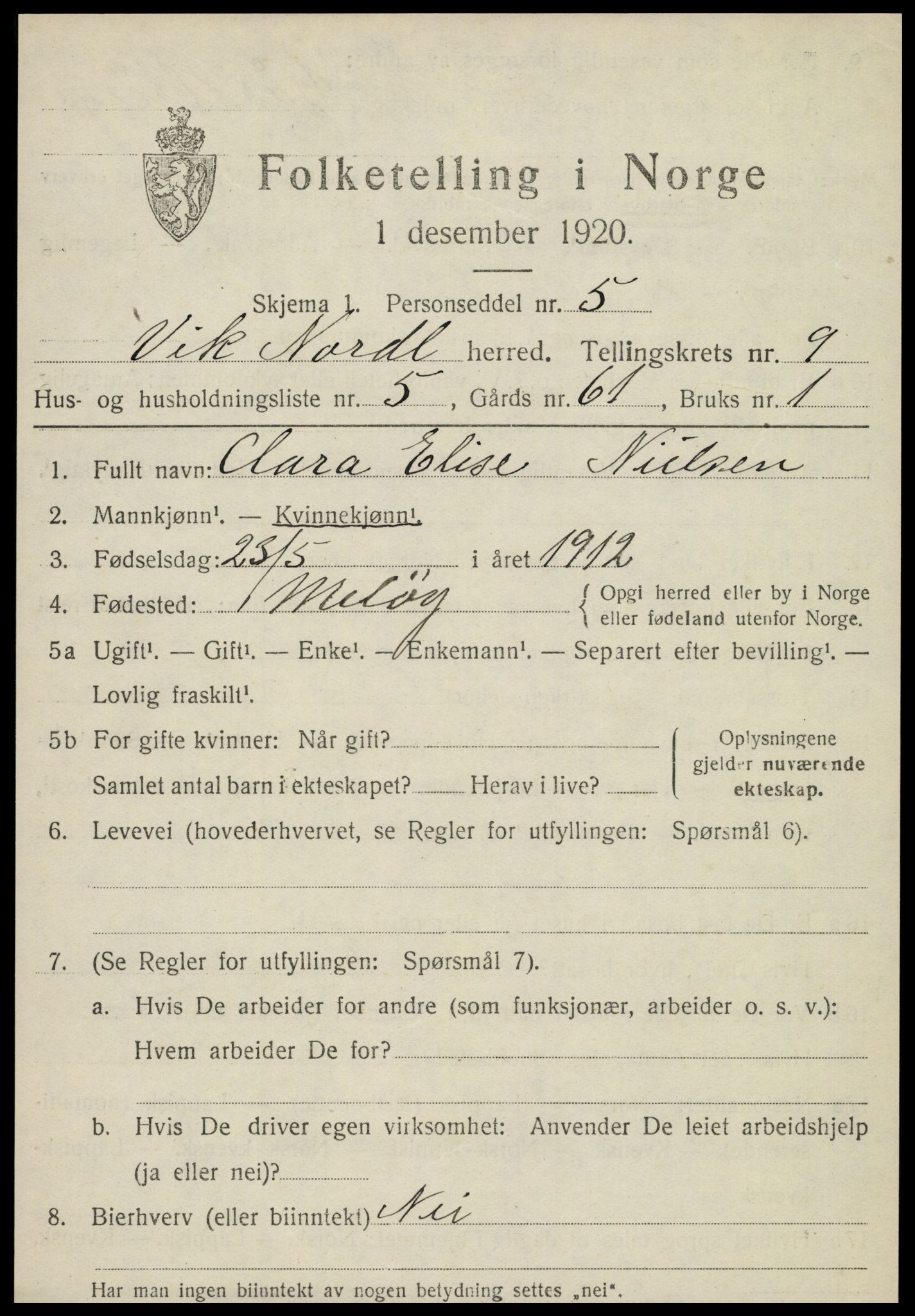 SAT, Folketelling 1920 for 1812 Vik herred, 1920, s. 5817