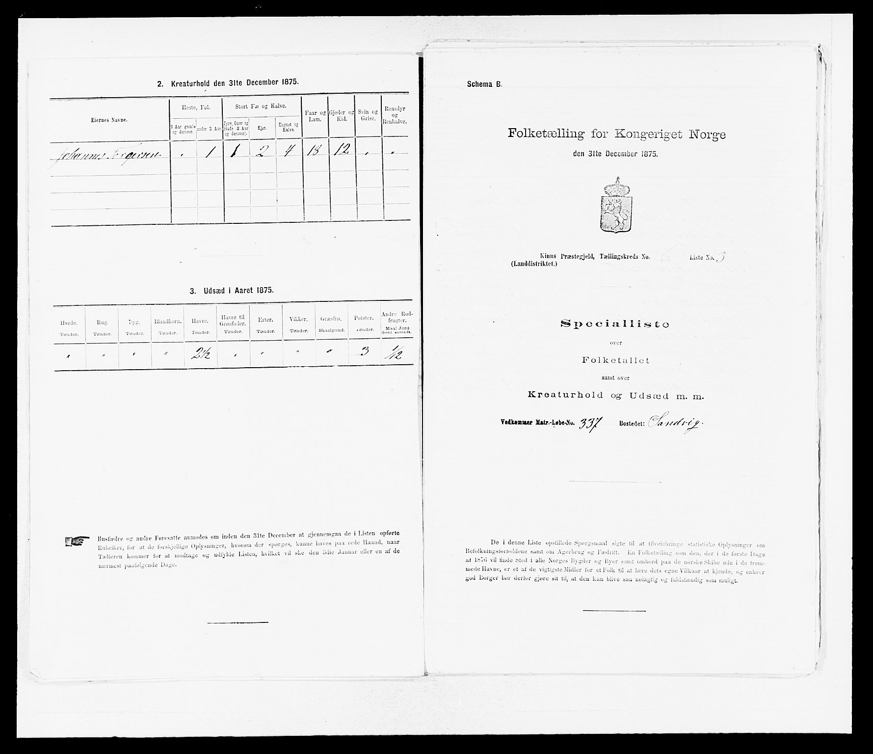 SAB, Folketelling 1875 for 1437L Kinn prestegjeld, Kinn sokn og Svanøy sokn, 1875, s. 607