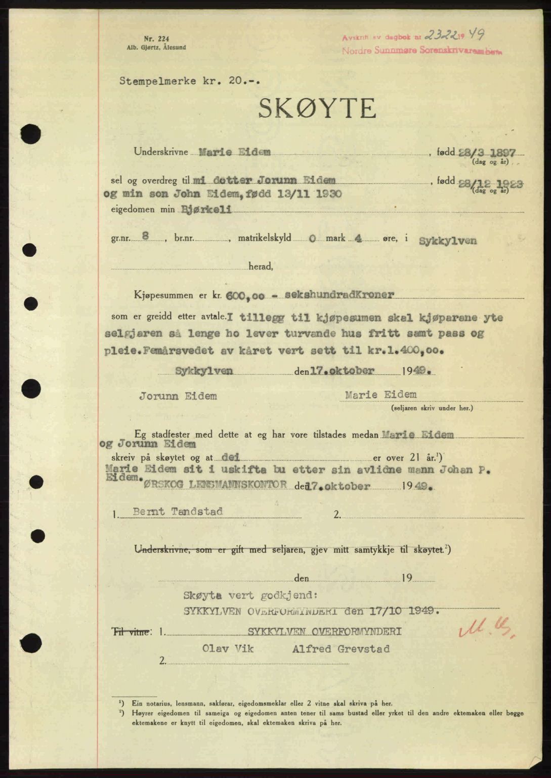 Nordre Sunnmøre sorenskriveri, SAT/A-0006/1/2/2C/2Ca: Pantebok nr. A32, 1949-1949, Dagboknr: 2322/1949