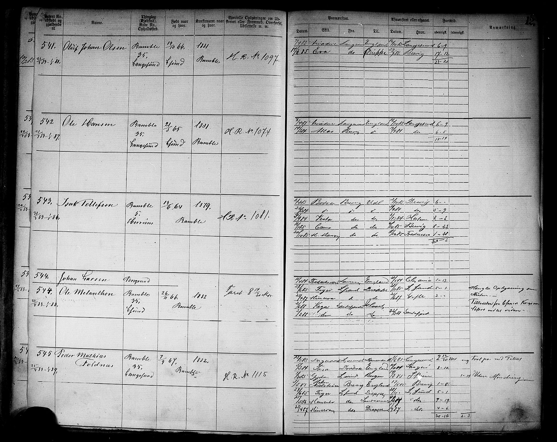 Langesund innrulleringskontor, AV/SAKO-A-831/F/Fb/L0004: Annotasjonsrulle, 1880-1911, s. 14