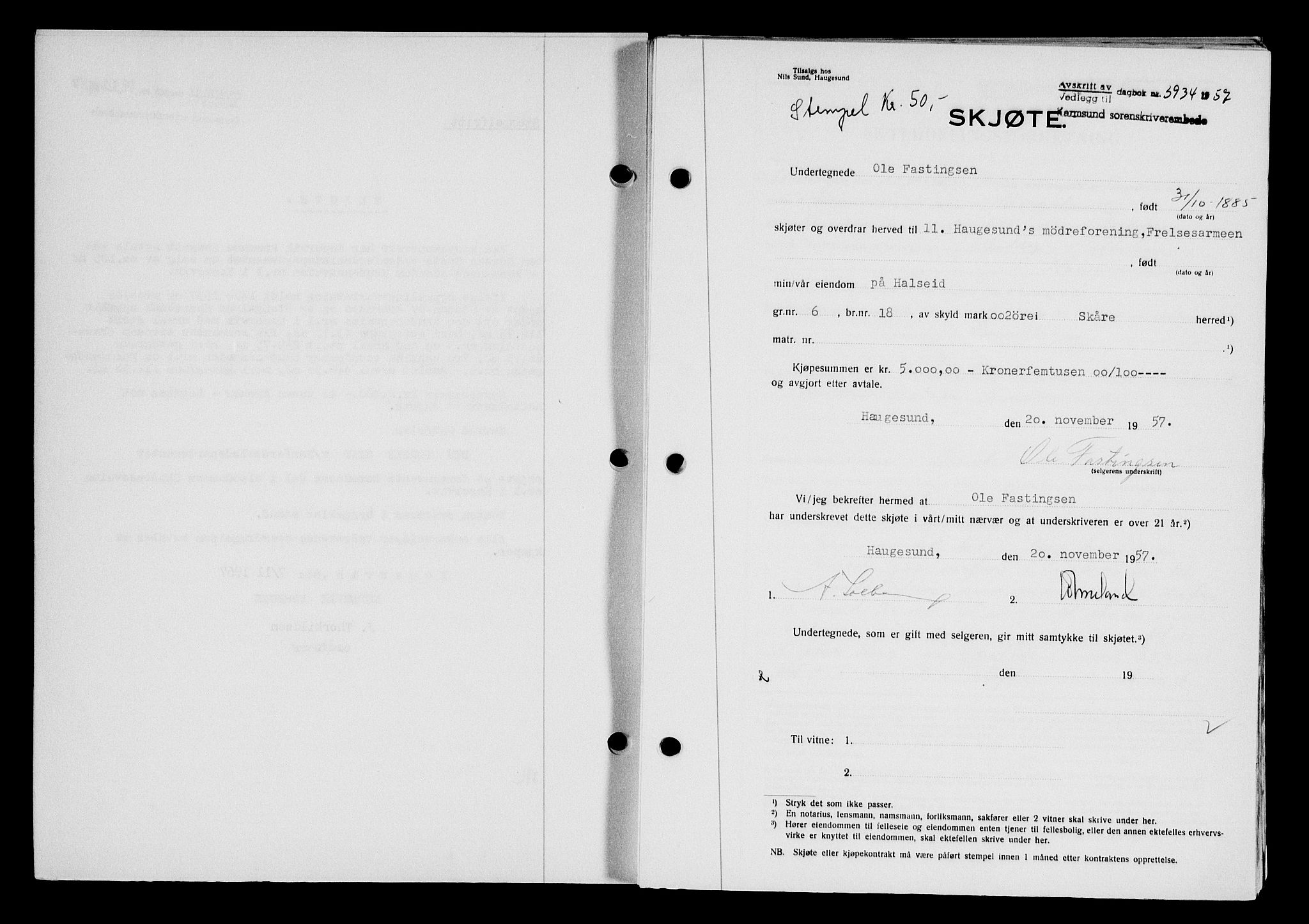 Karmsund sorenskriveri, SAST/A-100311/01/II/IIB/L0127: Pantebok nr. 107A, 1957-1958, Dagboknr: 3934/1957