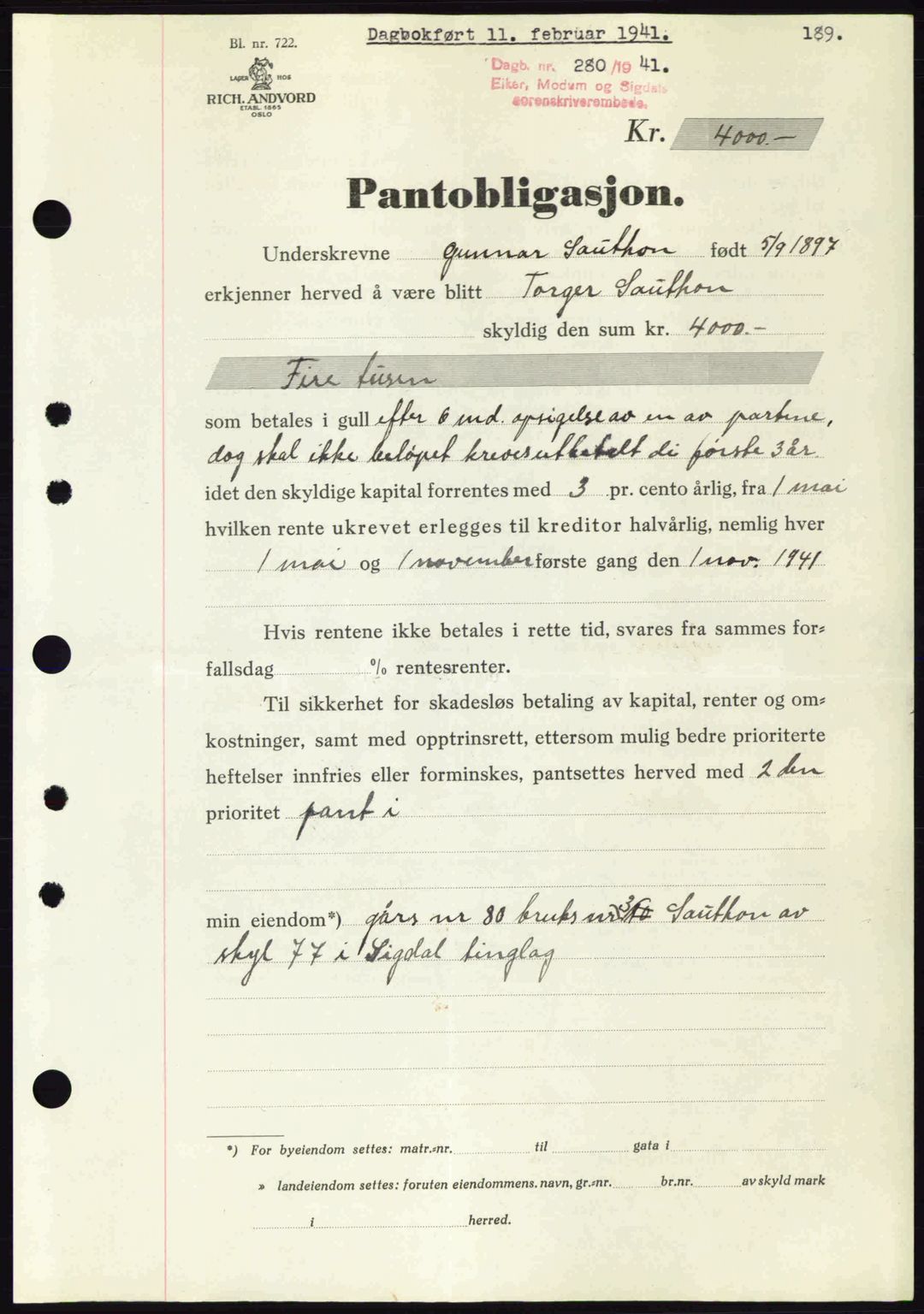 Eiker, Modum og Sigdal sorenskriveri, SAKO/A-123/G/Ga/Gab/L0043: Pantebok nr. A13, 1940-1941, Dagboknr: 280/1941