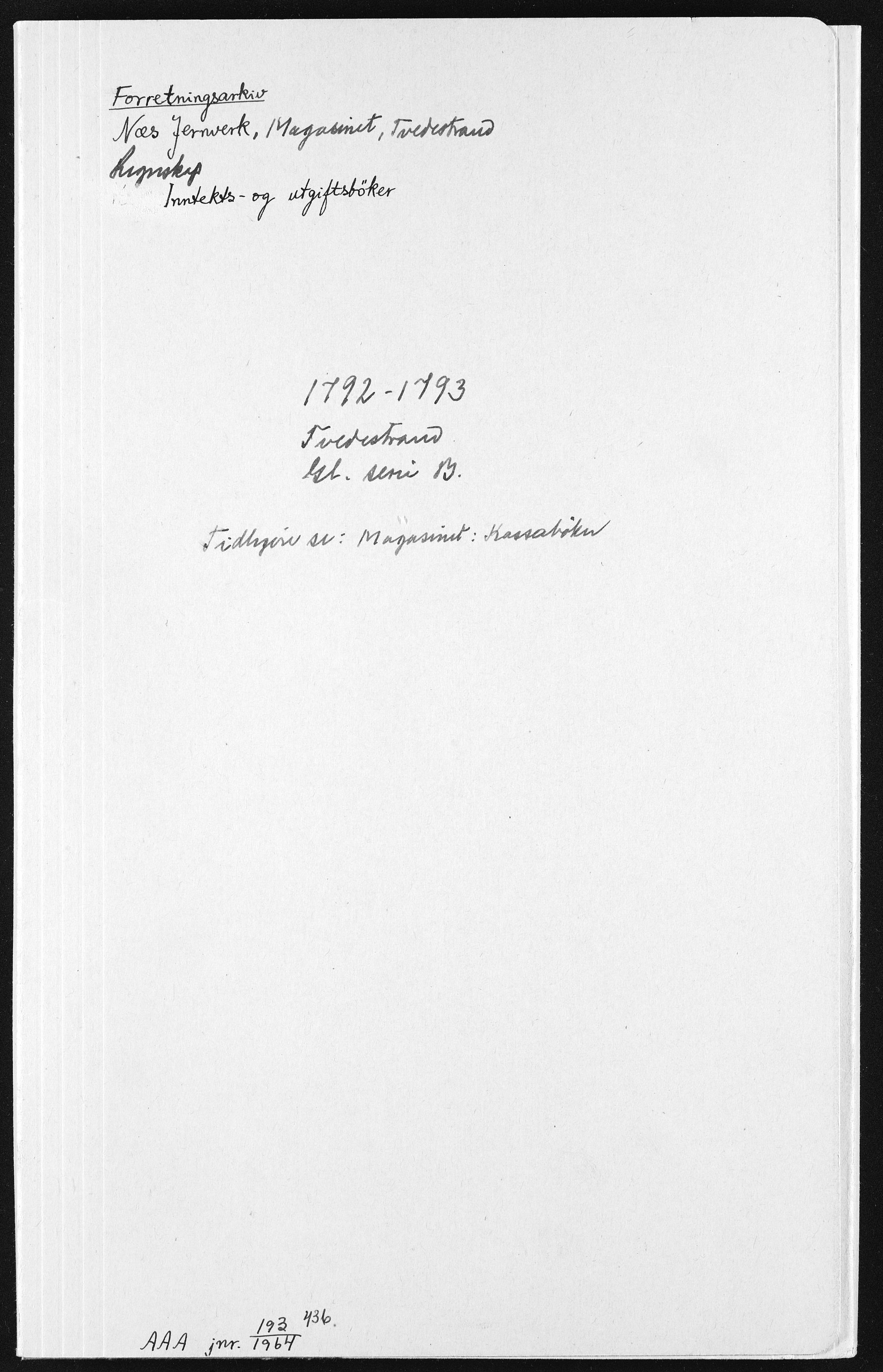 Baaseland Jernverk og Næs Jernverk, NESJ/NJM-001/01/01/L0132: Magasinet, Tvedestrand. Regnskap. Inntekts- og utgifts bøker, 1792-1815
