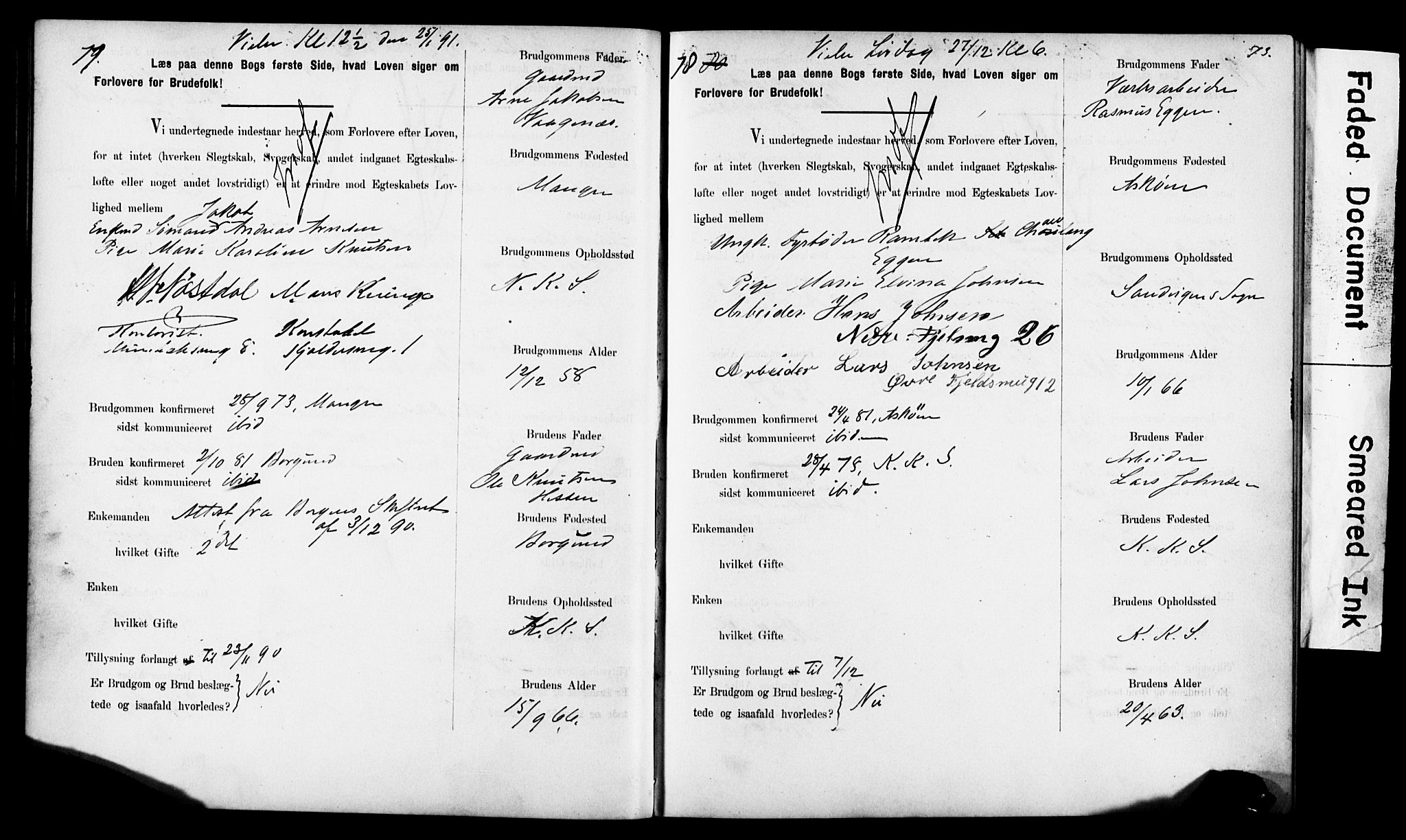 Korskirken sokneprestembete, AV/SAB-A-76101: Forlovererklæringer nr. II.5.6, 1889-1898, s. 73