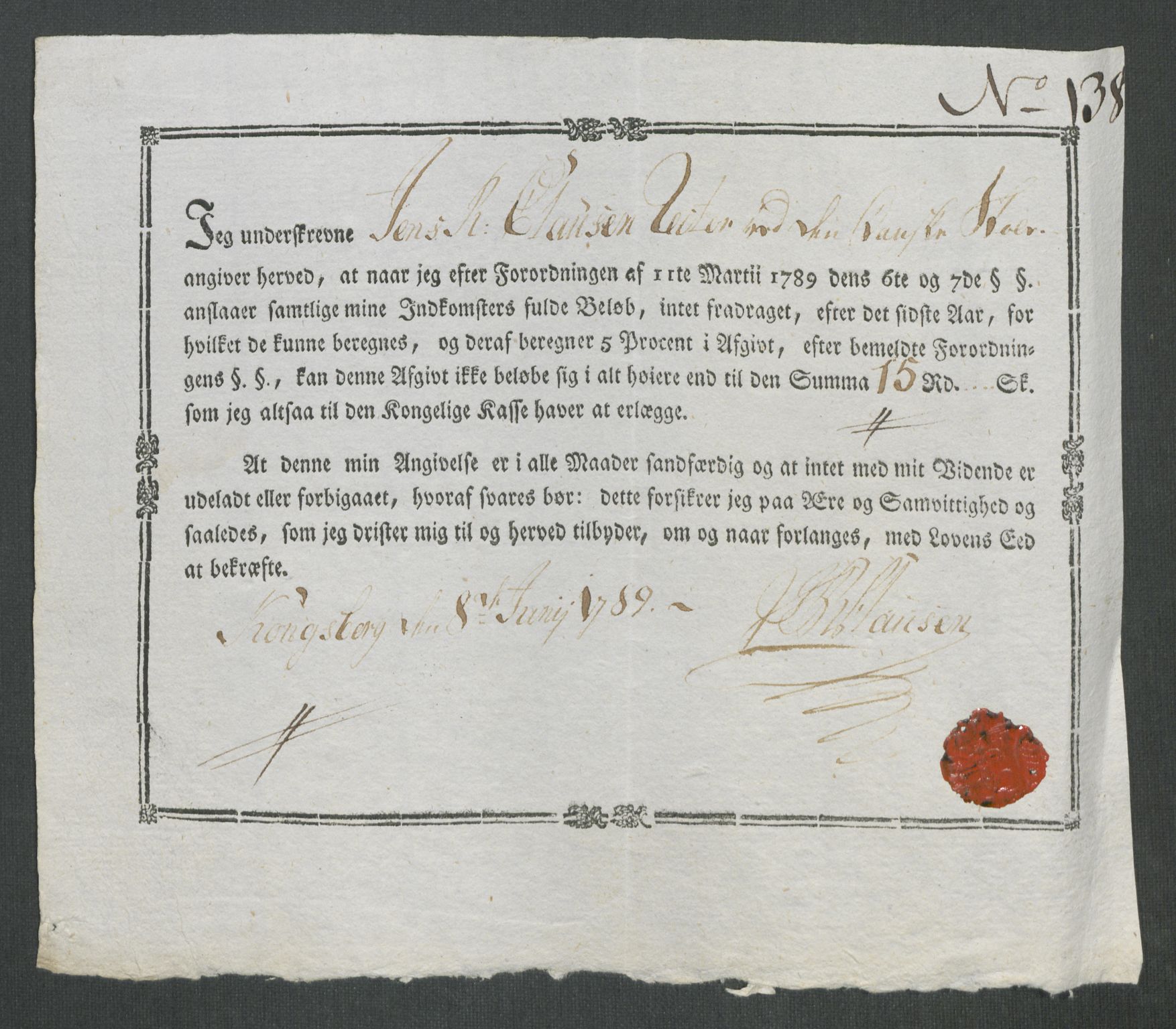 Rentekammeret inntil 1814, Reviderte regnskaper, Mindre regnskaper, AV/RA-EA-4068/Rf/Rfe/L0019: Jæren og Dalane fogderi, Kongsberg, 1789, s. 346