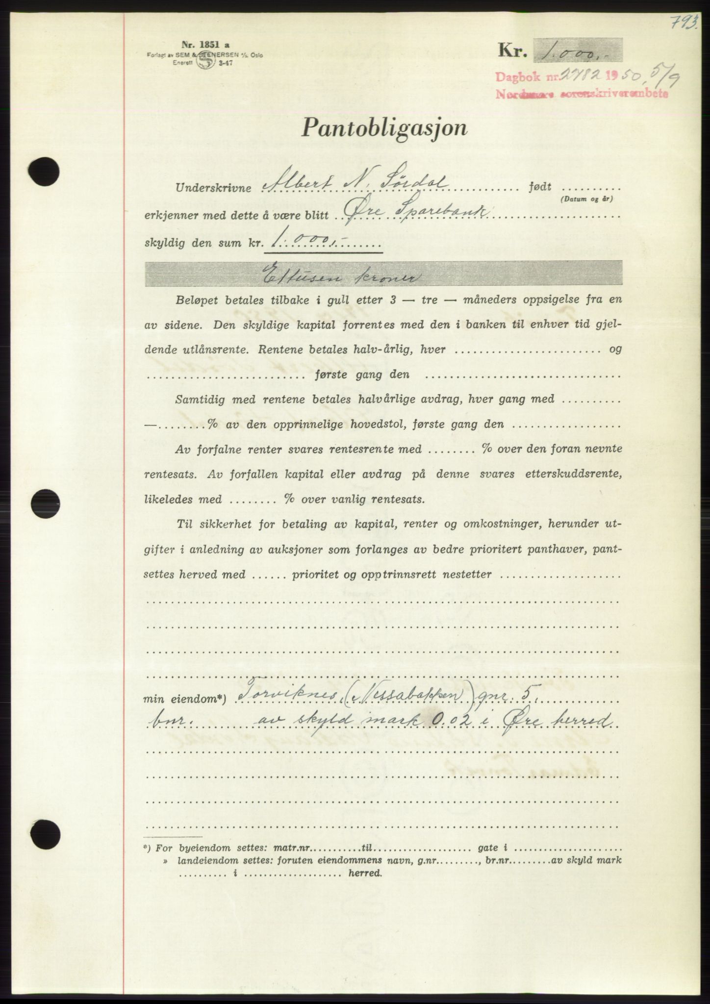 Nordmøre sorenskriveri, AV/SAT-A-4132/1/2/2Ca: Pantebok nr. B105, 1950-1950, Dagboknr: 2782/1950