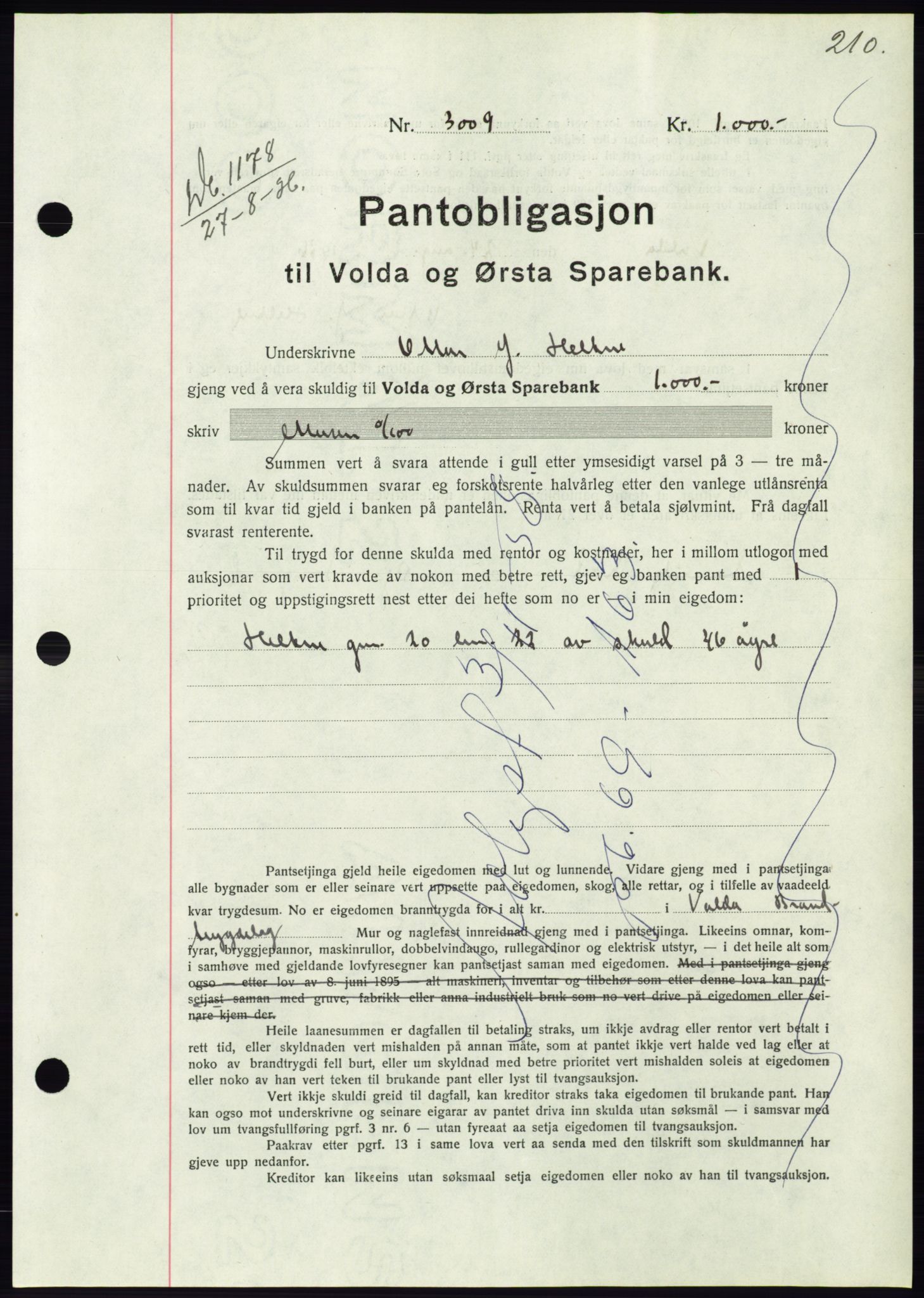 Søre Sunnmøre sorenskriveri, AV/SAT-A-4122/1/2/2C/L0061: Pantebok nr. 55, 1936-1936, Dagboknr: 1178/1936