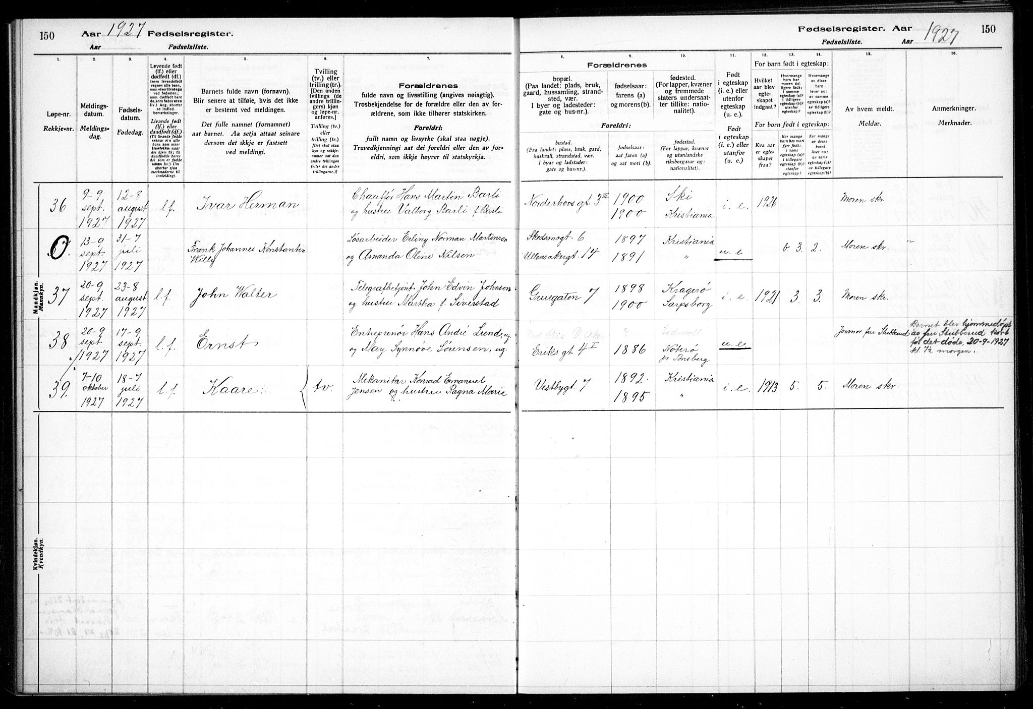 Kampen prestekontor Kirkebøker, AV/SAO-A-10853/J/Ja/L0002: Fødselsregister nr. 2, 1920-1935, s. 150