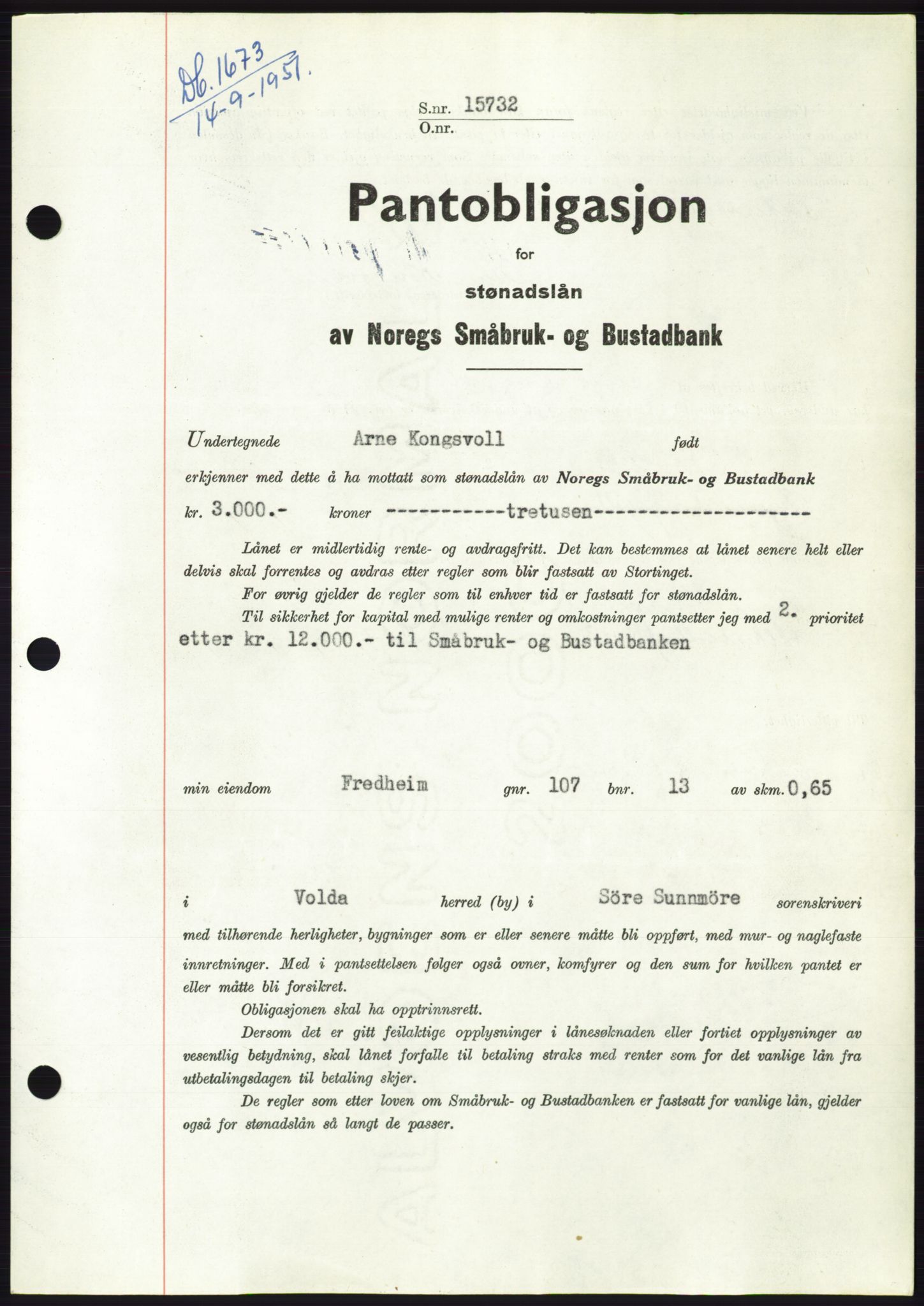 Søre Sunnmøre sorenskriveri, SAT/A-4122/1/2/2C/L0120: Pantebok nr. 8B, 1951-1951, Dagboknr: 1673/1951