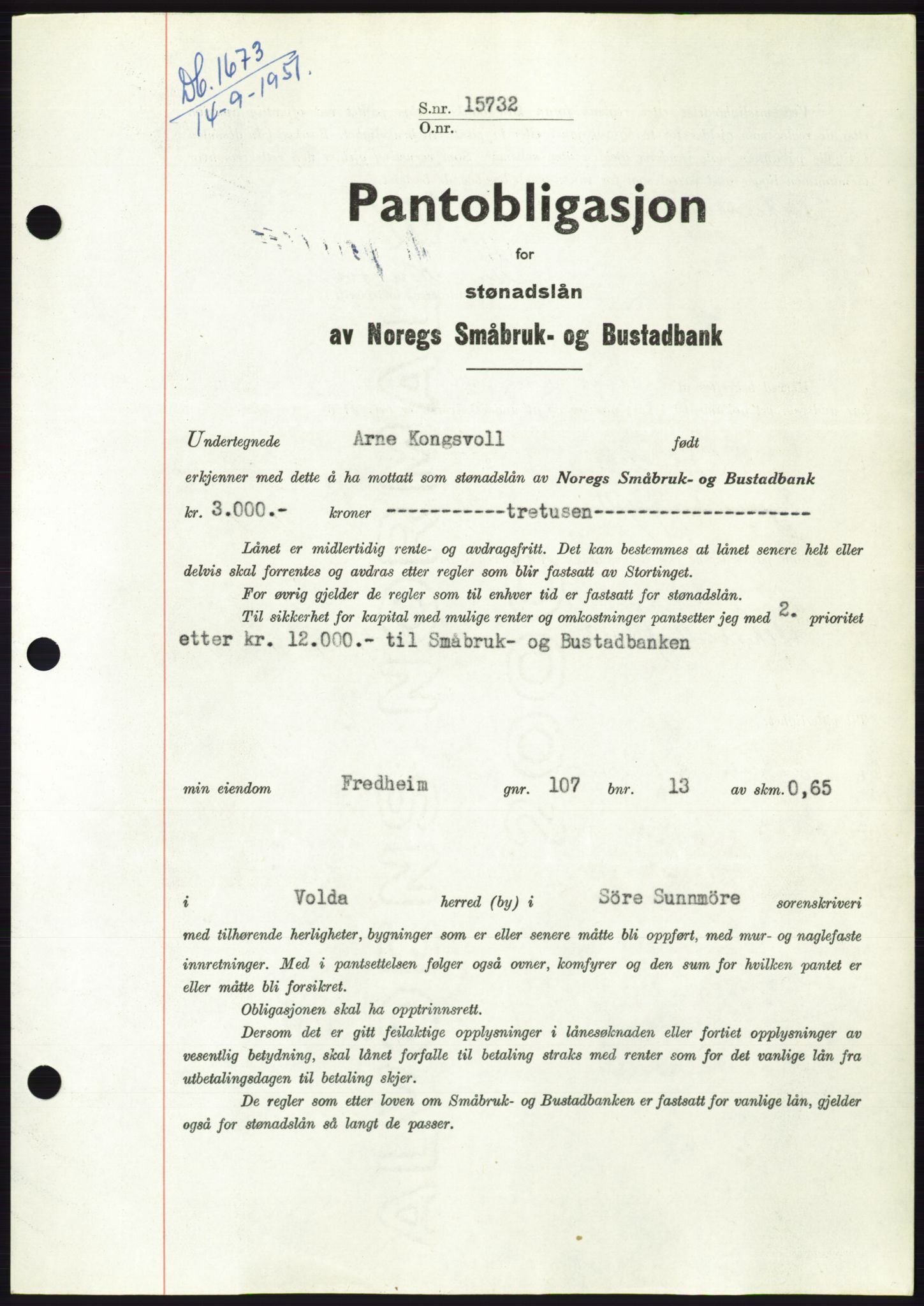 Søre Sunnmøre sorenskriveri, AV/SAT-A-4122/1/2/2C/L0120: Pantebok nr. 8B, 1951-1951, Dagboknr: 1673/1951