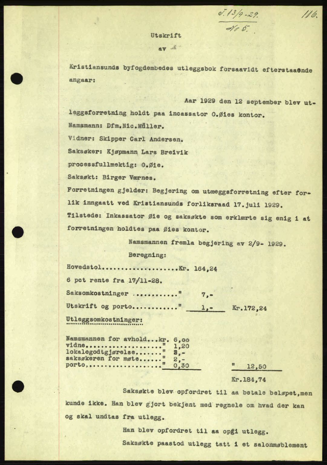 Kristiansund byfogd, AV/SAT-A-4587/A/27: Pantebok nr. 23, 1929-1930, Tingl.dato: 13.09.1929