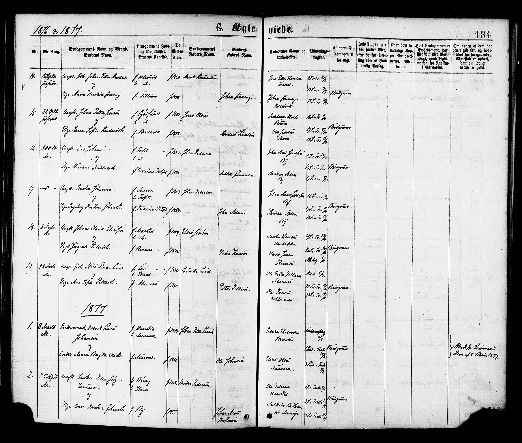 Ministerialprotokoller, klokkerbøker og fødselsregistre - Sør-Trøndelag, SAT/A-1456/655/L0679: Ministerialbok nr. 655A08, 1873-1879, s. 184
