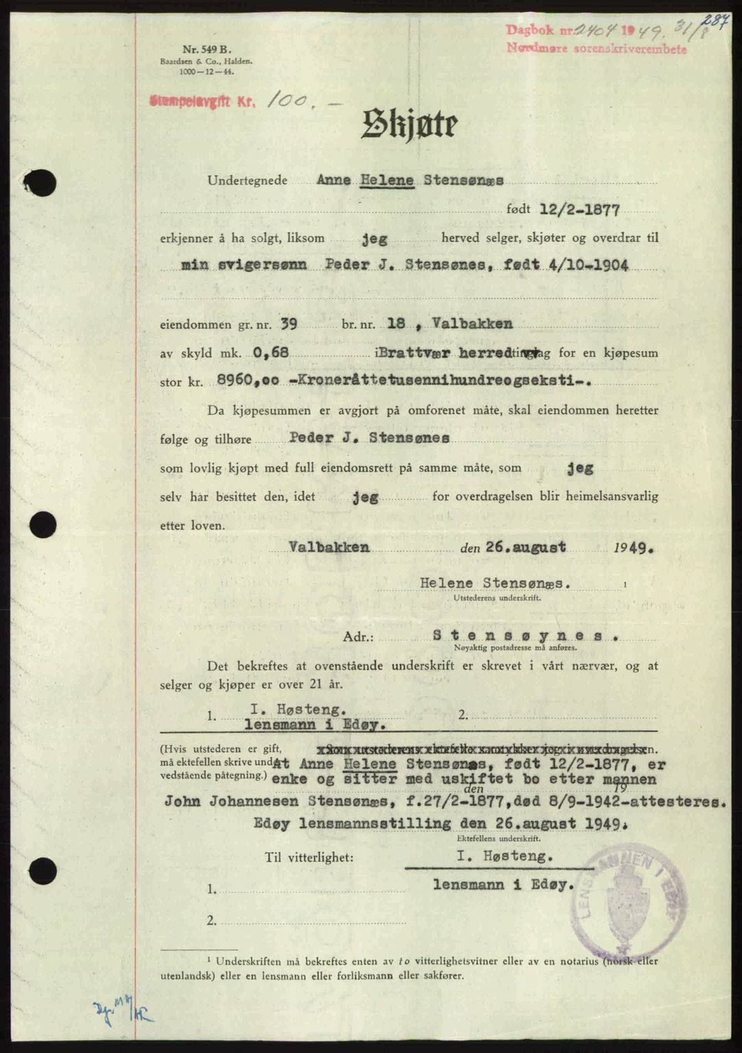 Nordmøre sorenskriveri, SAT/A-4132/1/2/2Ca: Pantebok nr. A112, 1949-1949, Dagboknr: 2404/1949