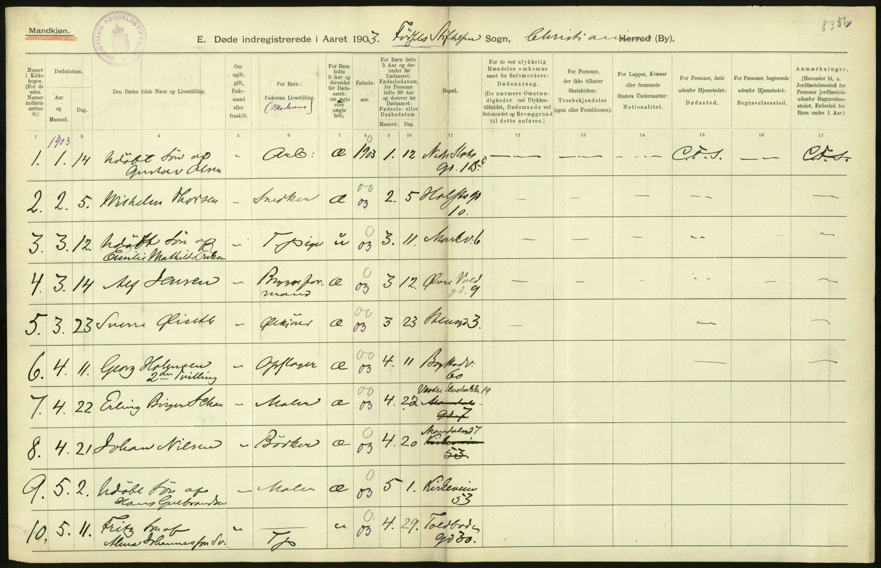 Statistisk sentralbyrå, Sosiodemografiske emner, Befolkning, AV/RA-S-2228/D/Df/Dfa/Dfaa/L0004: Kristiania: Gifte, døde, 1903, s. 280