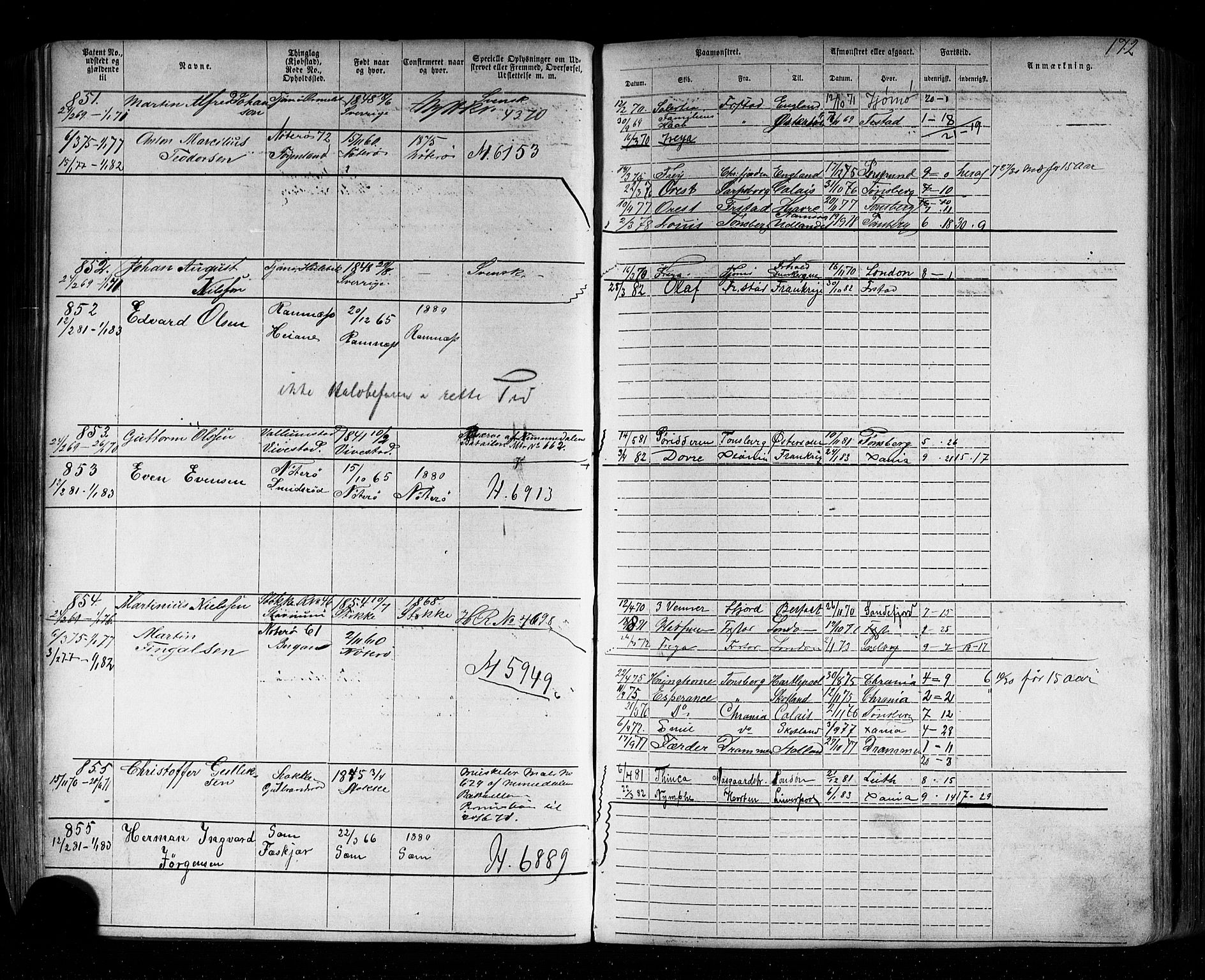 Tønsberg innrulleringskontor, SAKO/A-786/F/Fb/L0002: Annotasjonsrulle Patent nr. 1-2635, 1869-1877, s. 198