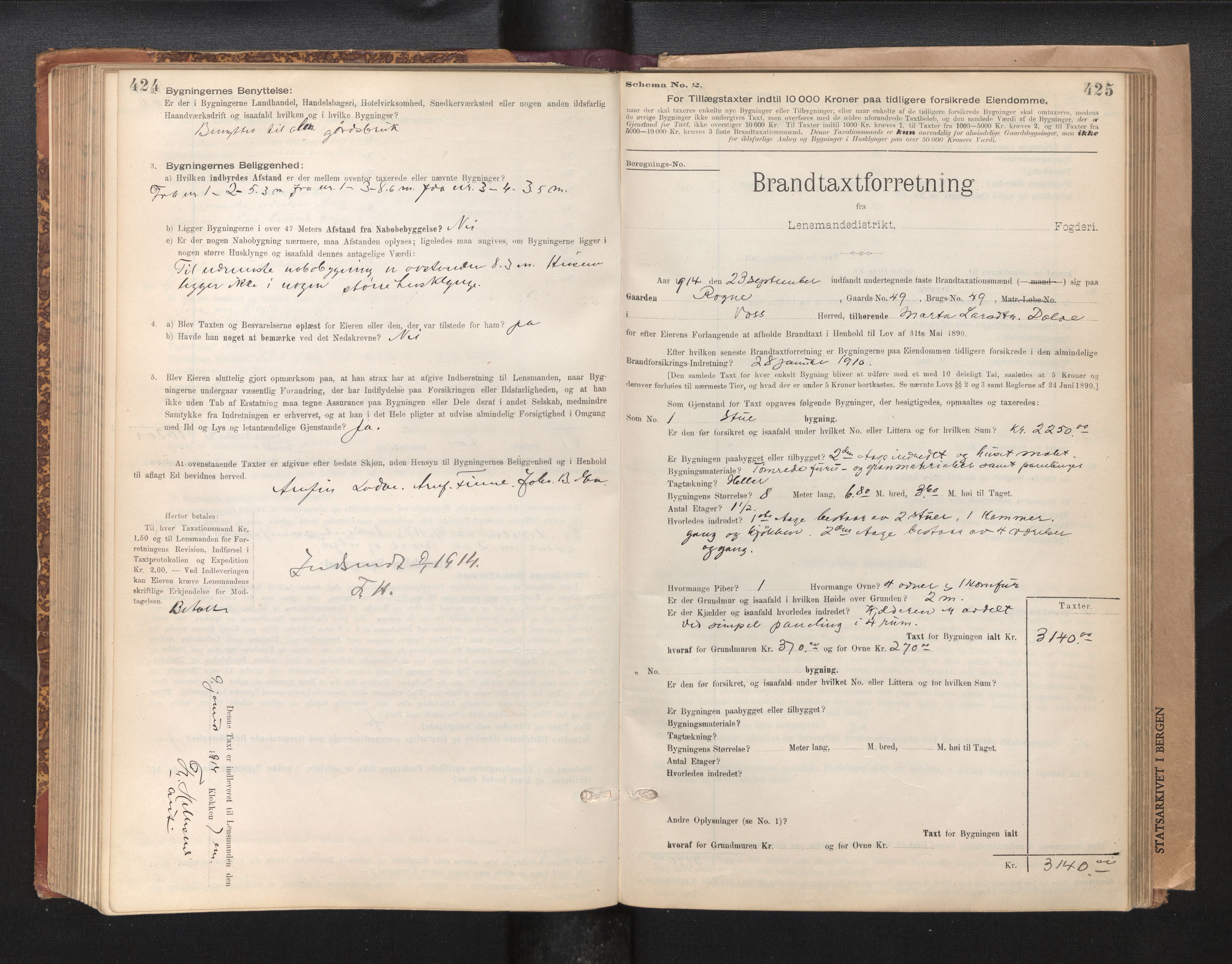 Lensmannen i Voss, AV/SAB-A-35801/0012/L0008: Branntakstprotokoll, skjematakst, 1895-1945, s. 424-425