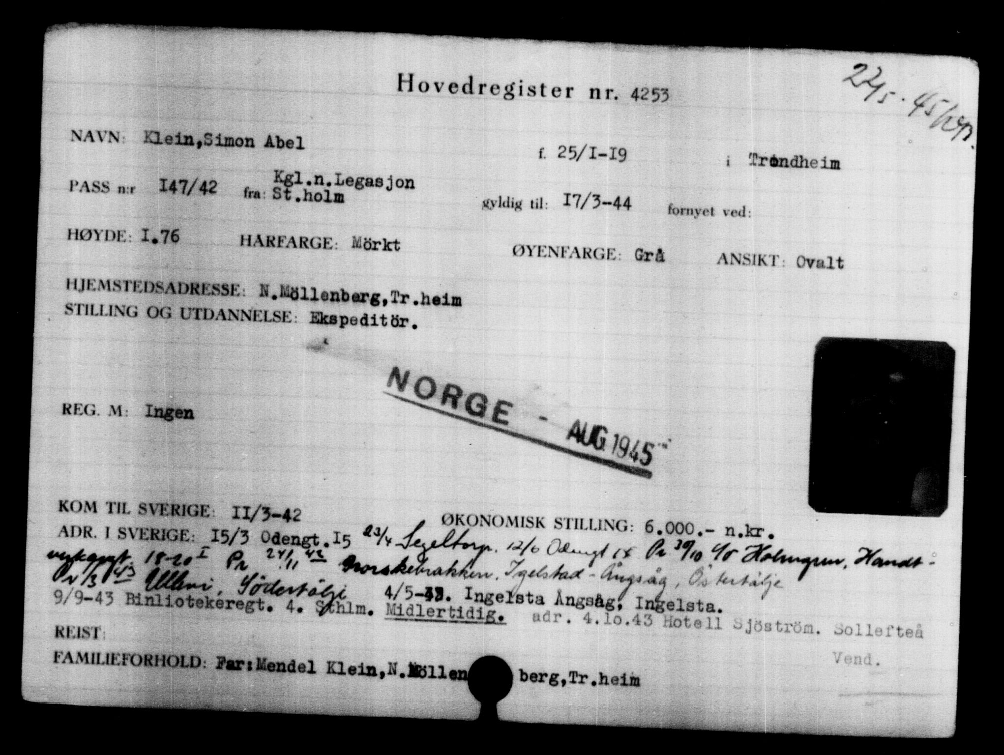 Utenriksstasjonene, Legasjonen i Stockholm, Flyktningkontoret, AV/RA-S-6753/V/Va/L0004: Kjesäterkartoteket, flyktninger med registreringsnr. 3496-6610, 1940-1945, s. 918