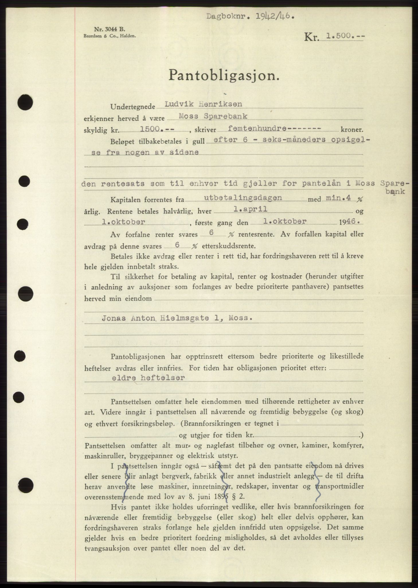 Moss sorenskriveri, SAO/A-10168: Pantebok nr. B15, 1946-1946, Dagboknr: 1942/1946