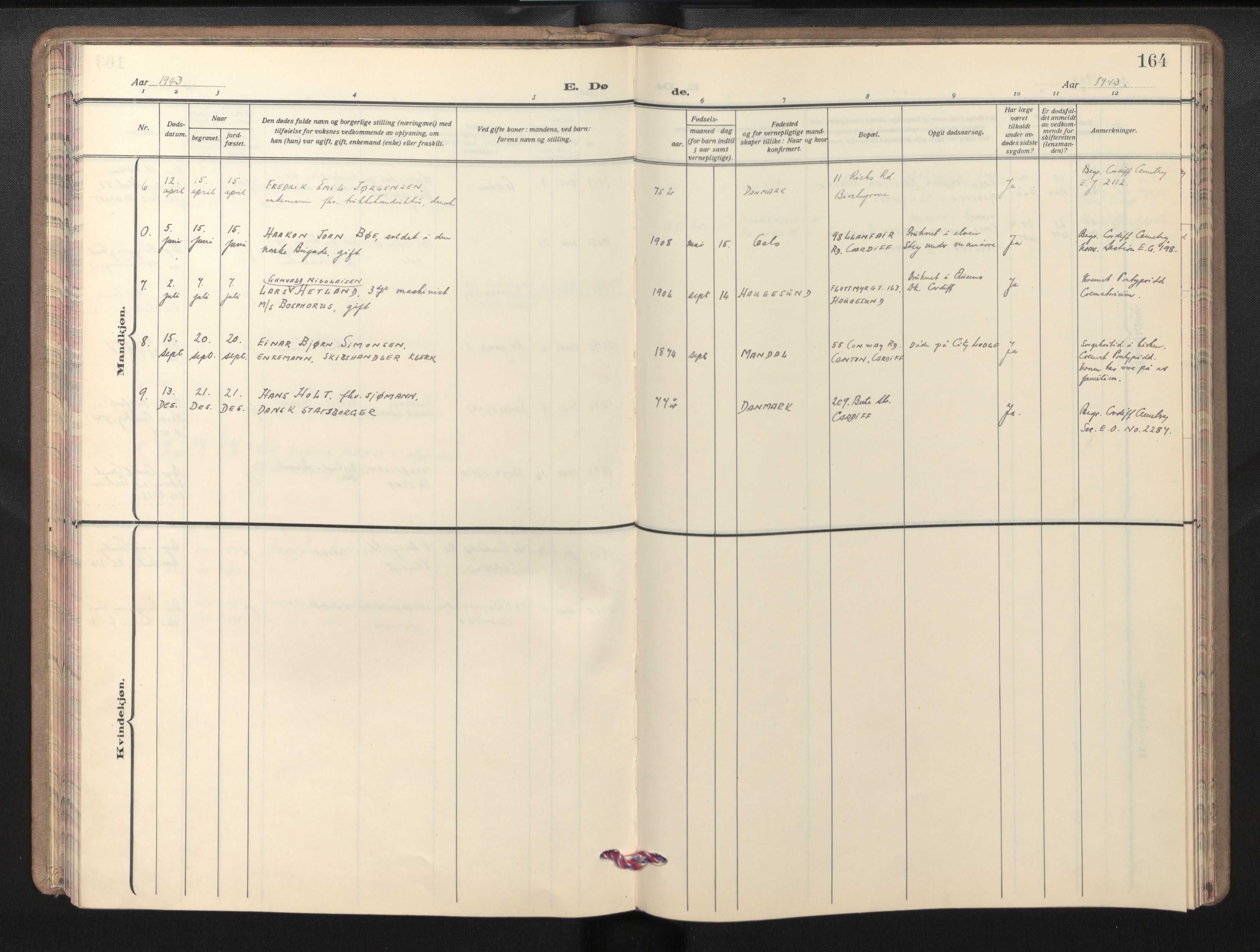 Den norske sjømannsmisjon i utlandet/Bristolhavnene (Cardiff-Swansea), AV/SAB-SAB/PA-0102/H/Ha/Haa/L0003: Ministerialbok nr. A 3, 1932-1966, s. 163b-164a