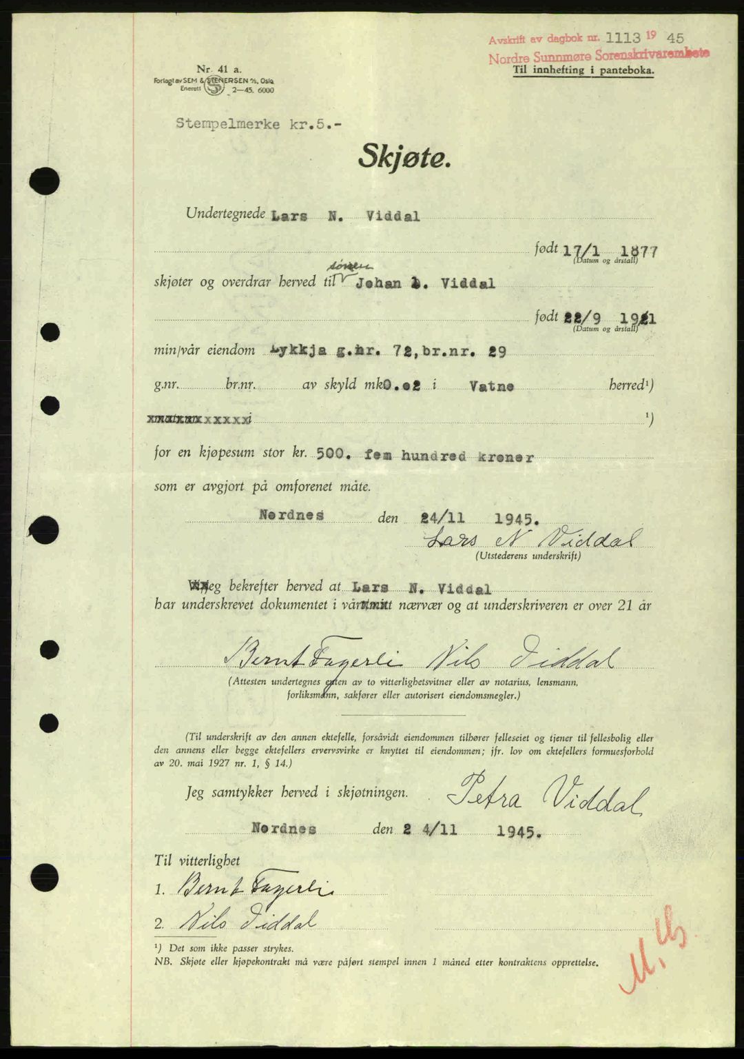 Nordre Sunnmøre sorenskriveri, AV/SAT-A-0006/1/2/2C/2Ca: Pantebok nr. A20a, 1945-1945, Dagboknr: 1113/1945