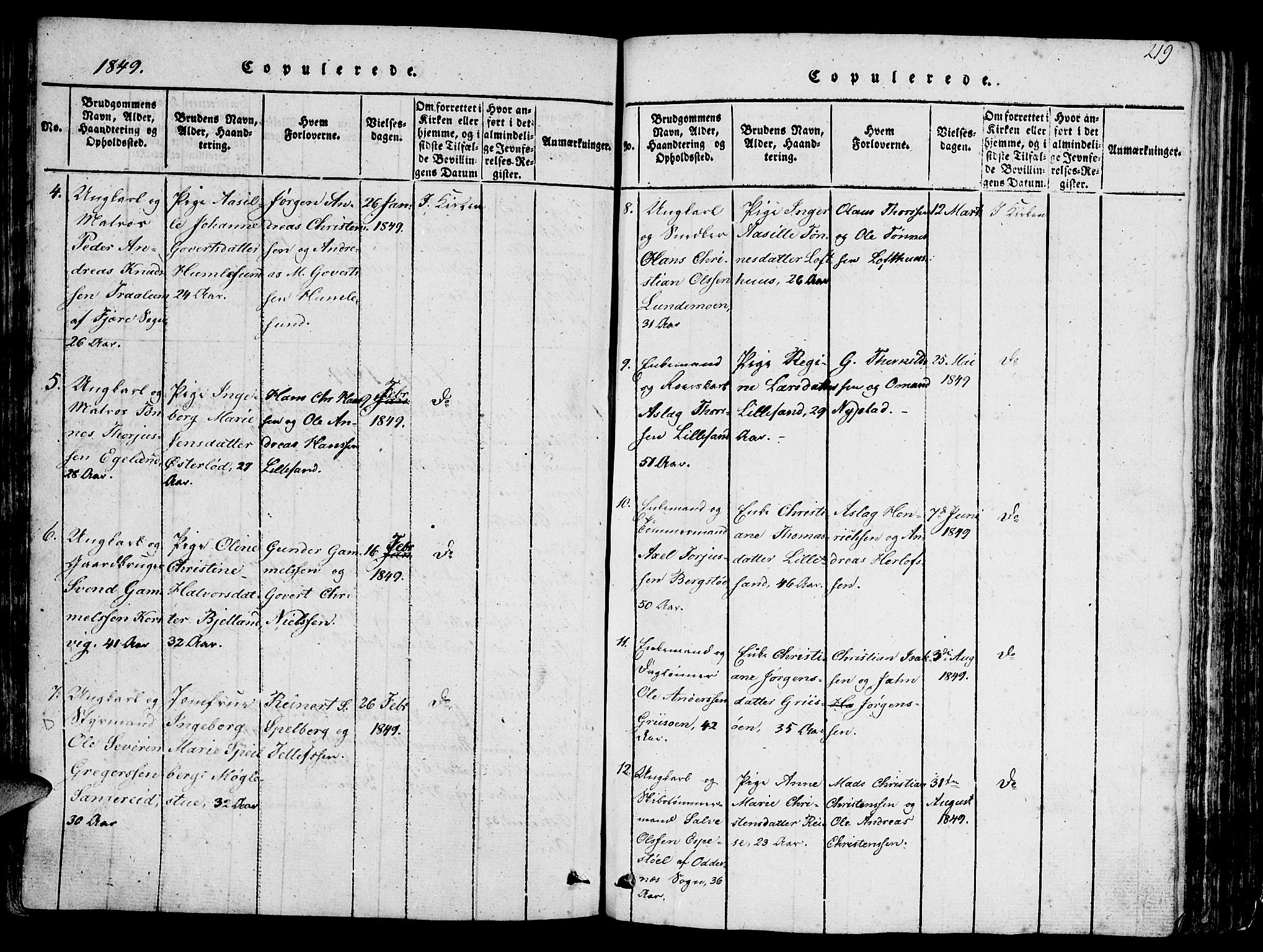 Vestre Moland sokneprestkontor, SAK/1111-0046/F/Fb/Fbb/L0001: Klokkerbok nr. B 1, 1816-1851, s. 219