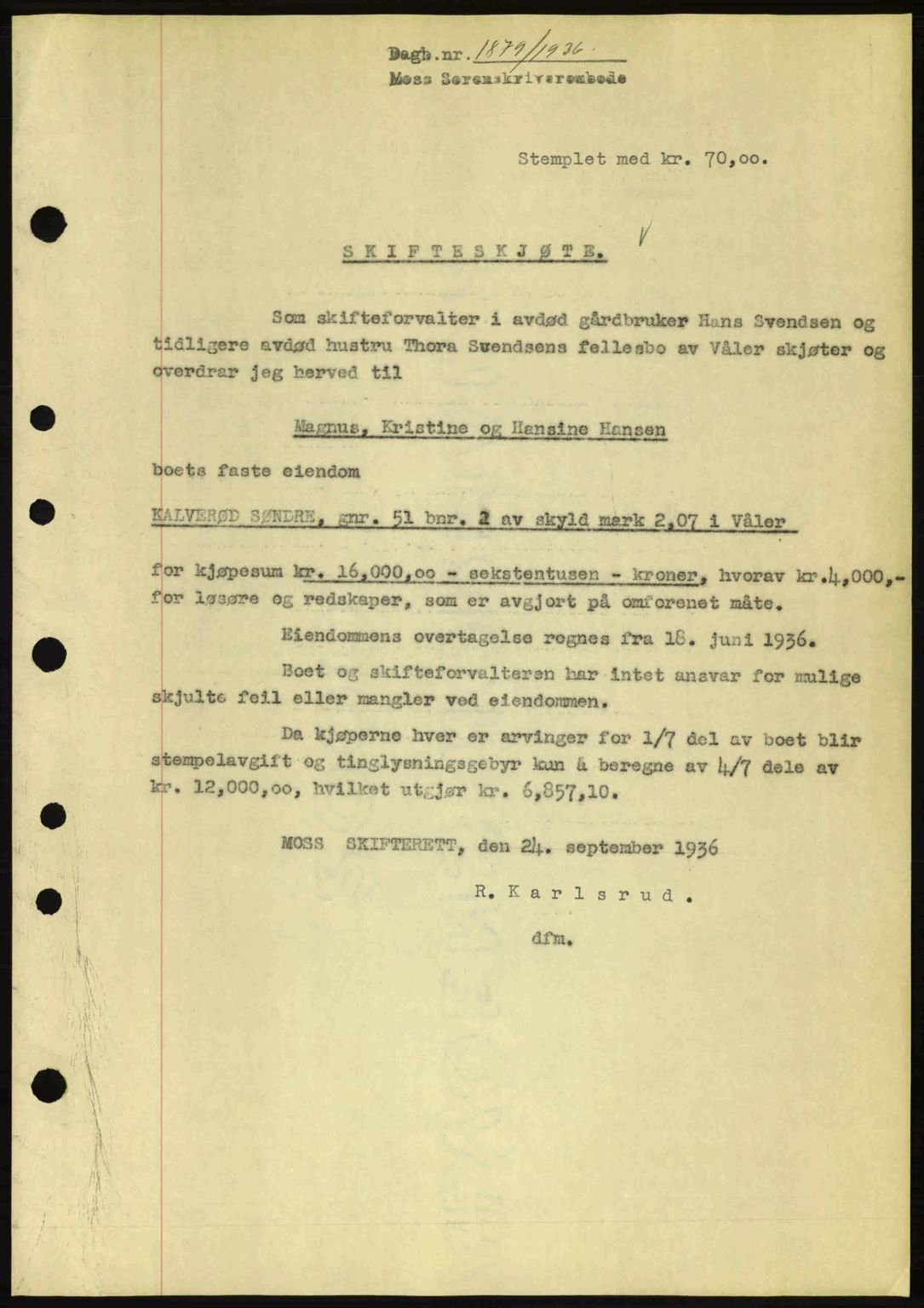 Moss sorenskriveri, SAO/A-10168: Pantebok nr. A1, 1936-1936, Dagboknr: 1879/1936