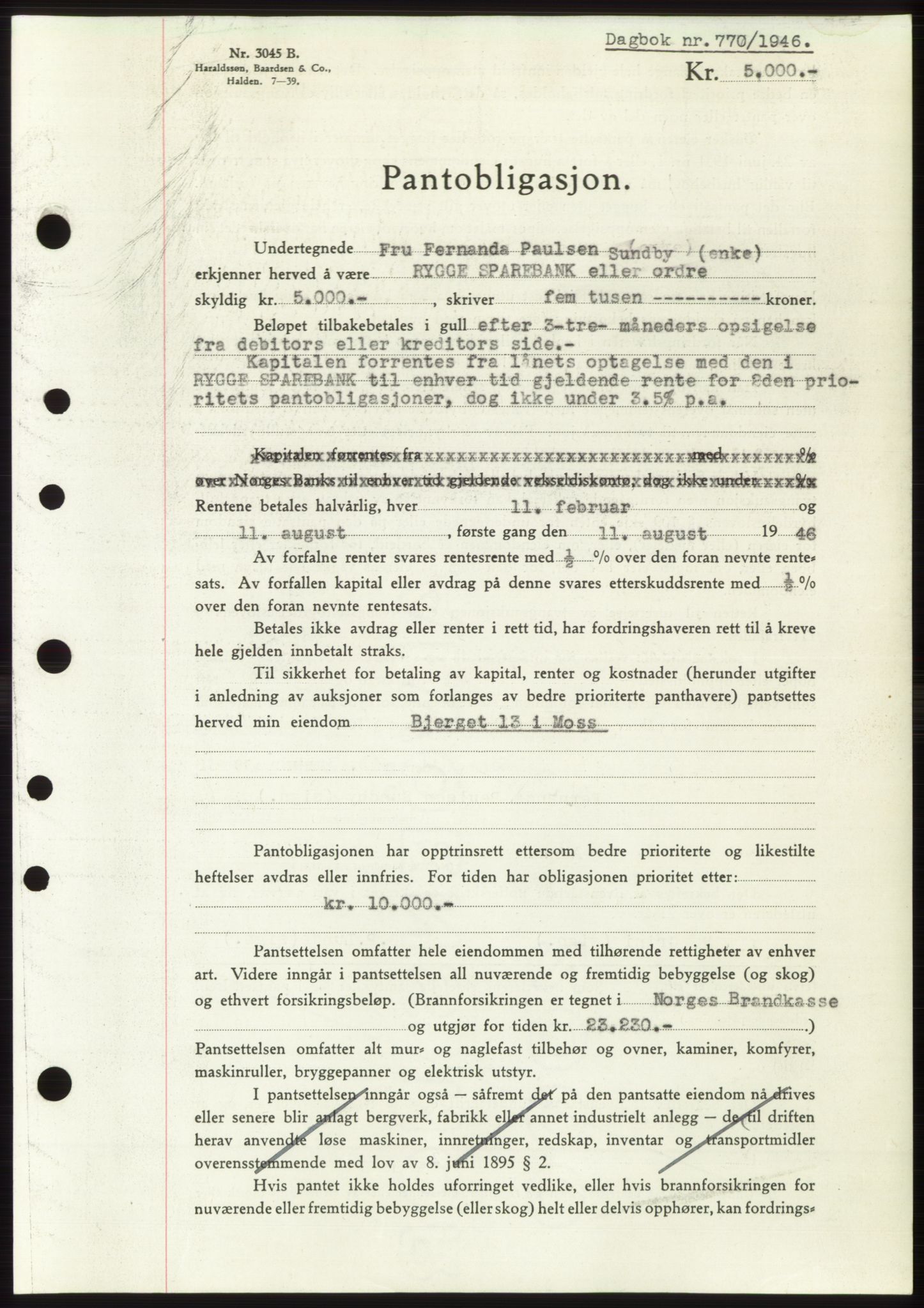 Moss sorenskriveri, SAO/A-10168: Pantebok nr. B15, 1946-1946, Dagboknr: 770/1946