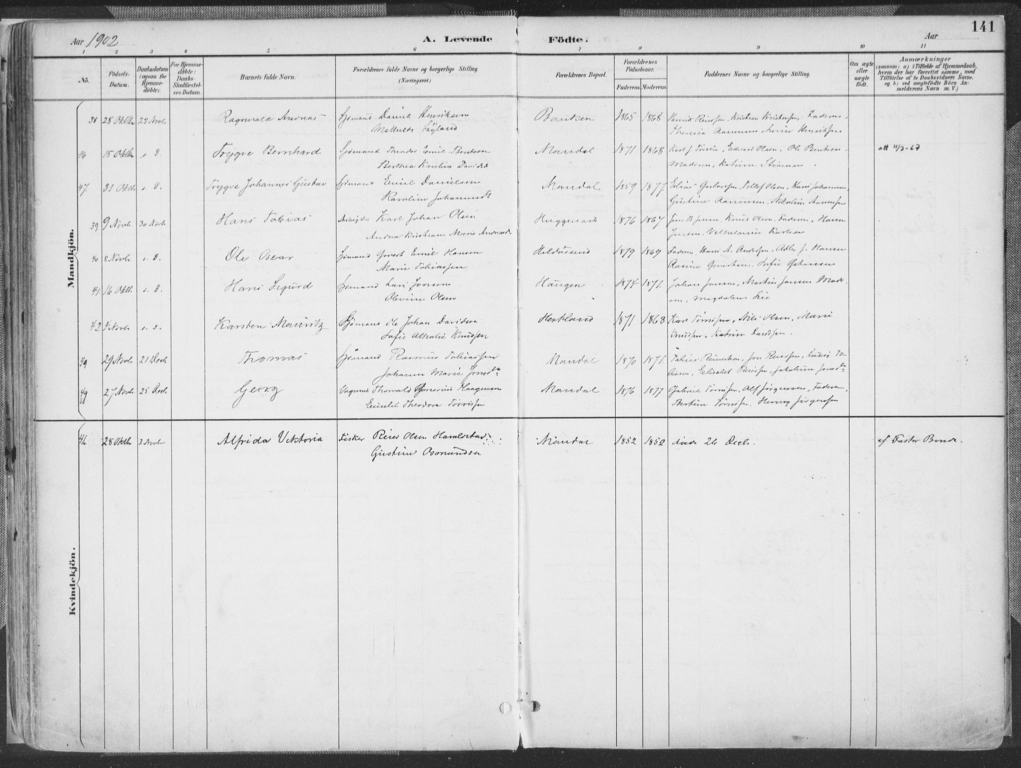 Mandal sokneprestkontor, SAK/1111-0030/F/Fa/Faa/L0018: Ministerialbok nr. A 18, 1890-1905, s. 141