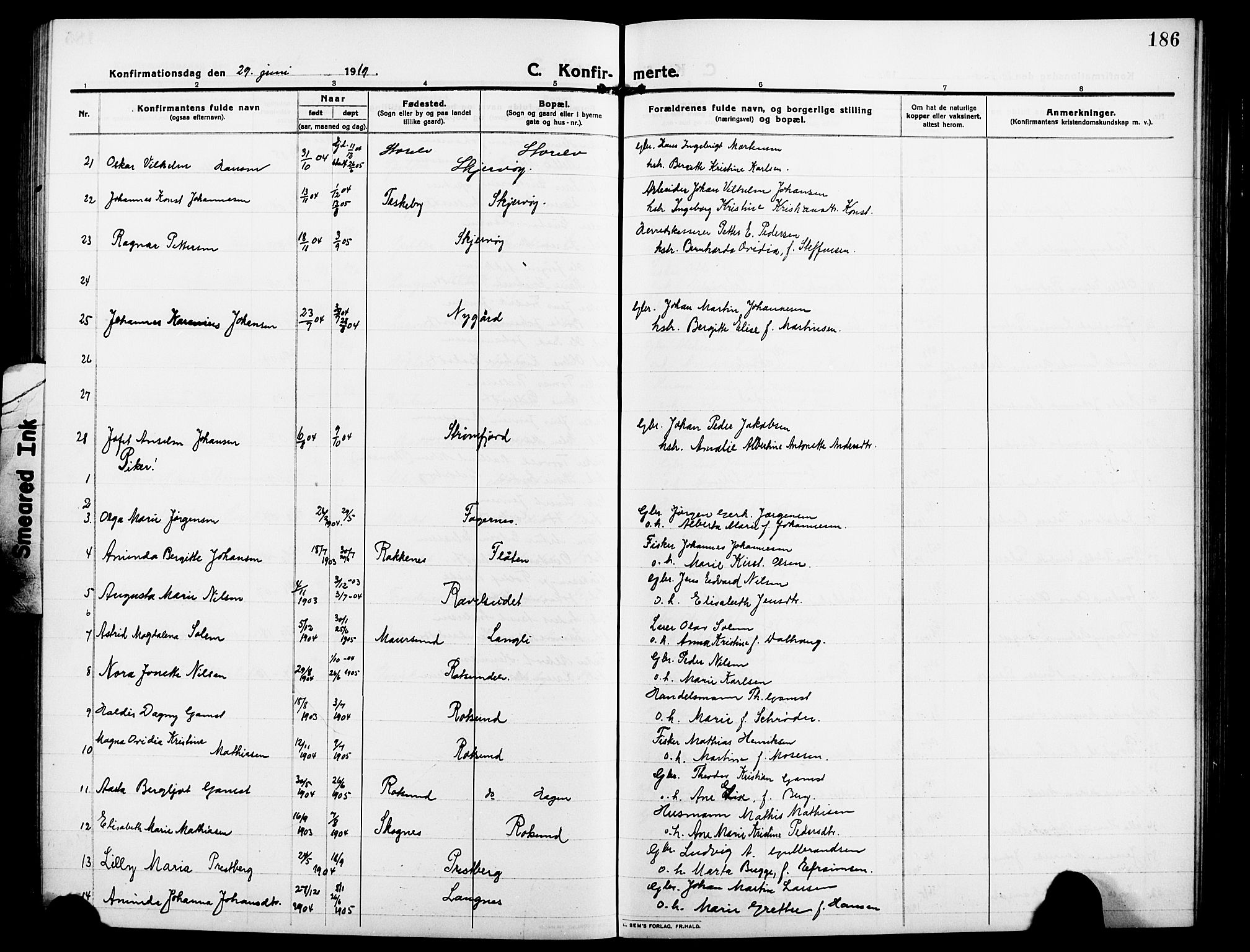 Skjervøy sokneprestkontor, AV/SATØ-S-1300/H/Ha/Hab/L0009klokker: Klokkerbok nr. 9, 1911-1926, s. 186