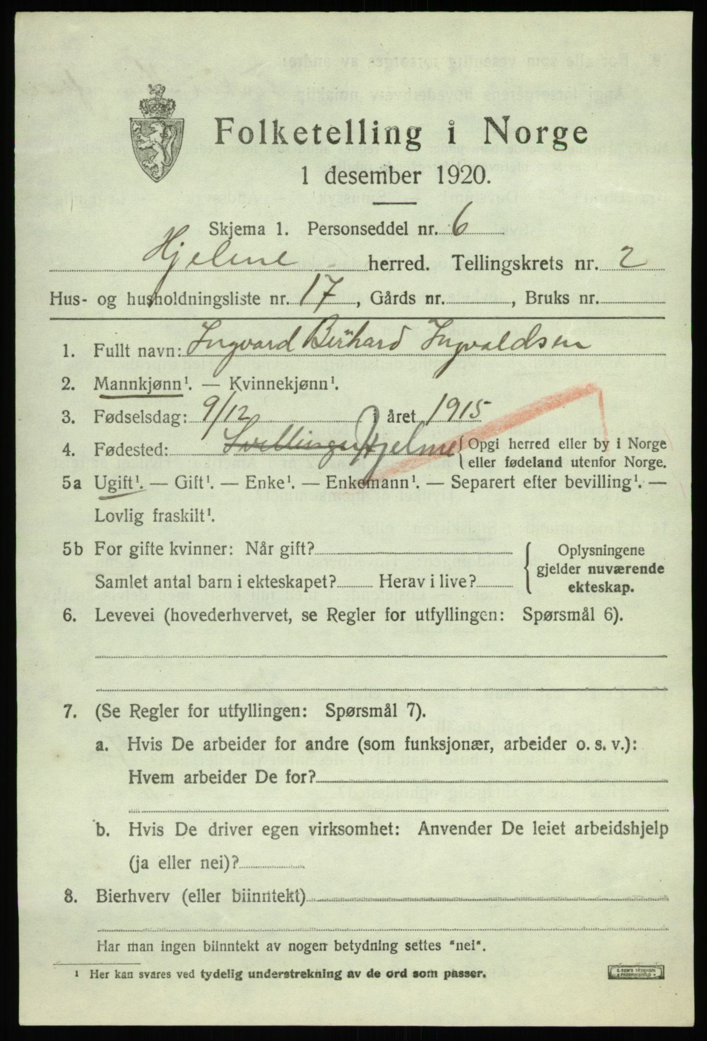 SAB, Folketelling 1920 for 1259 Hjelme herred, 1920, s. 1284