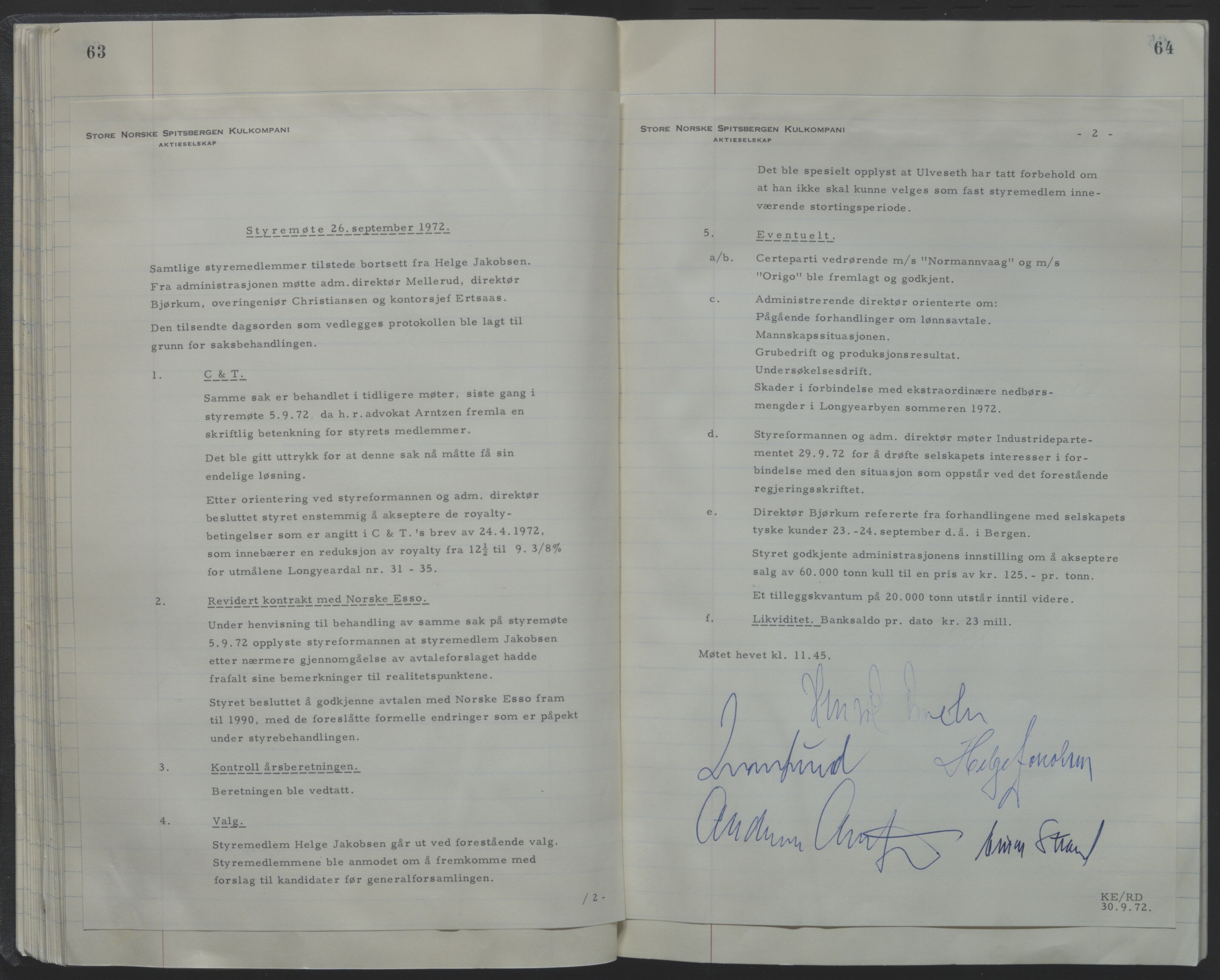 Store Norske Spitsbergen Kulkompani A/S, AV/SATØ-P-0073/09/A/Ab/Aba/L0001: Styreprotokoll 6, 1970-1979, s. 63-64