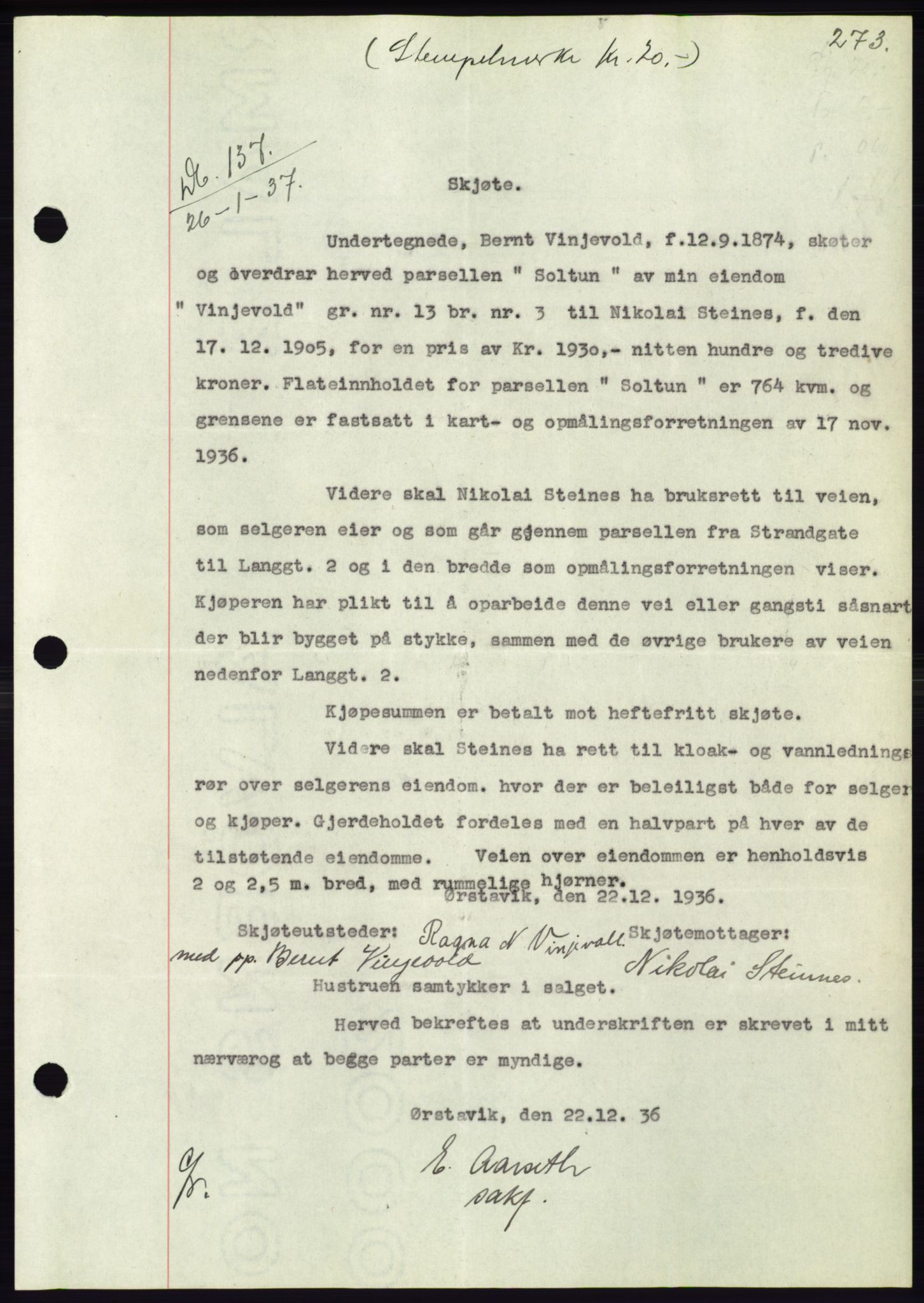 Søre Sunnmøre sorenskriveri, SAT/A-4122/1/2/2C/L0062: Pantebok nr. 56, 1936-1937, Dagboknr: 137/1937