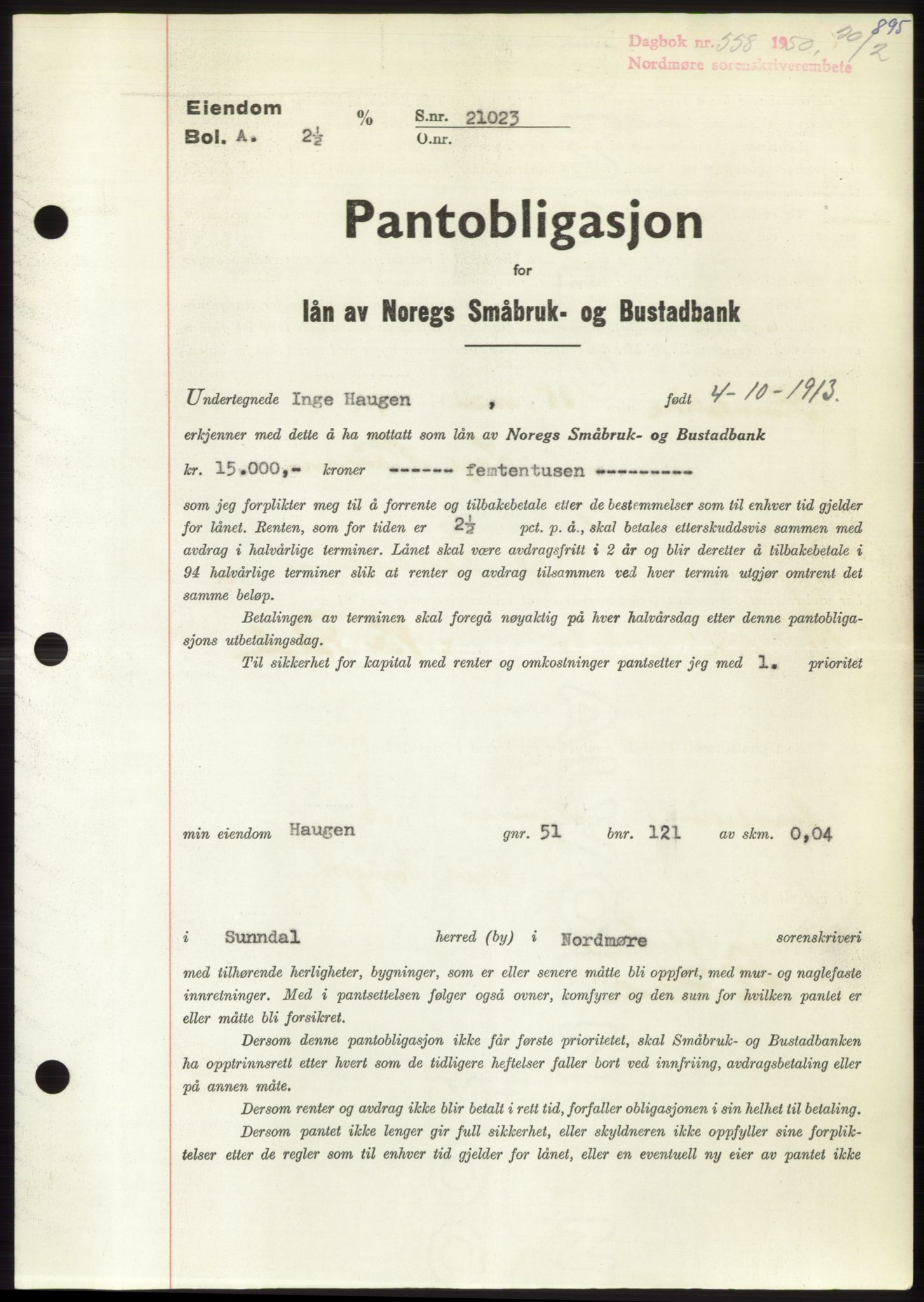 Nordmøre sorenskriveri, AV/SAT-A-4132/1/2/2Ca: Pantebok nr. B103, 1949-1950, Dagboknr: 558/1950