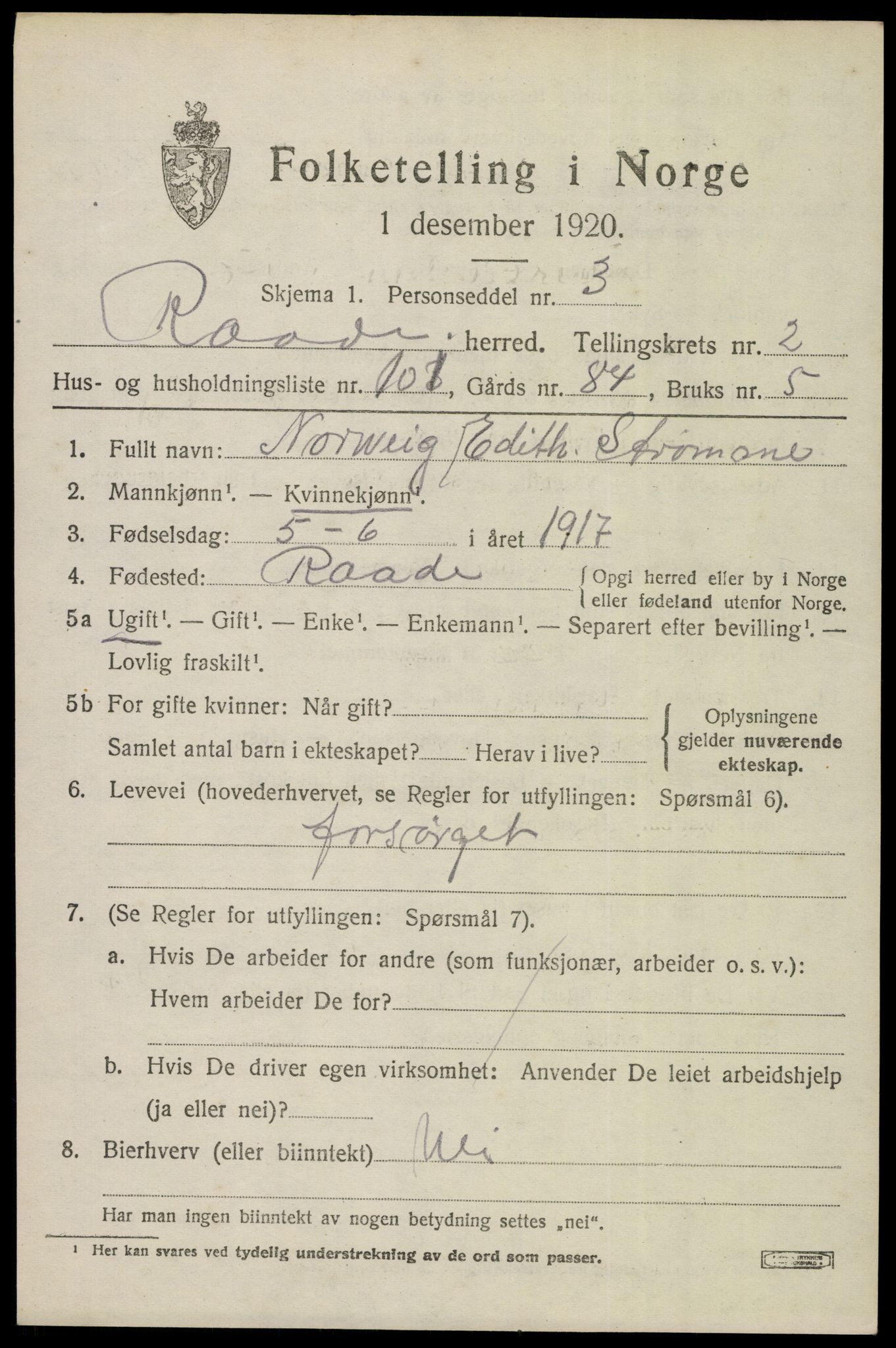 SAO, Folketelling 1920 for 0135 Råde herred, 1920, s. 3233