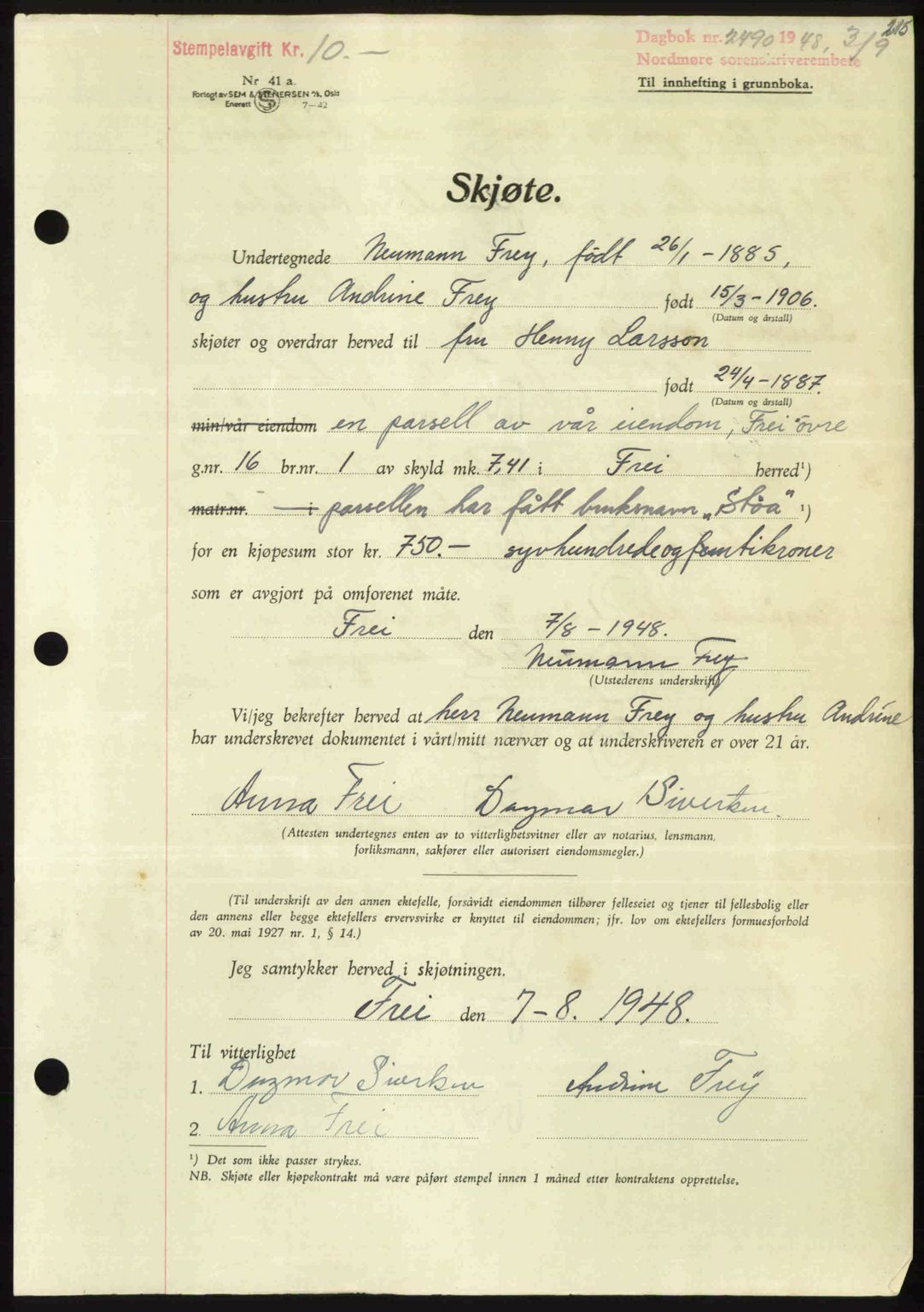 Nordmøre sorenskriveri, AV/SAT-A-4132/1/2/2Ca: Pantebok nr. A109, 1948-1948, Dagboknr: 2490/1948