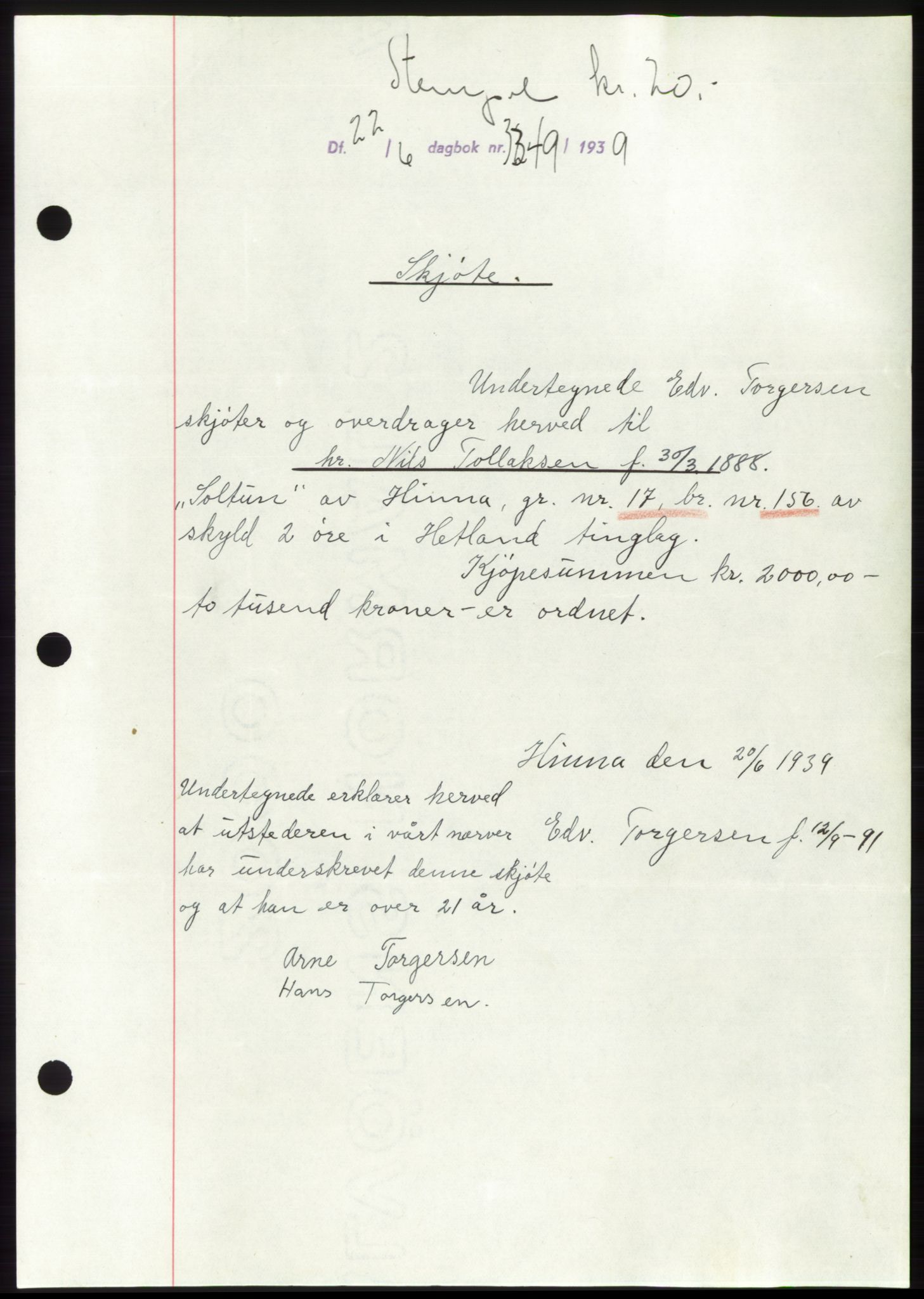 Jæren sorenskriveri, SAST/A-100310/03/G/Gba/L0074: Pantebok, 1939-1939, Dagboknr: 3349/1939