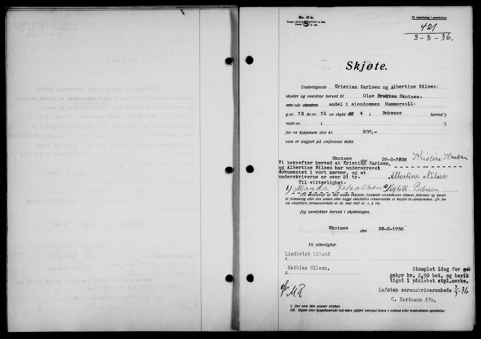 Lofoten sorenskriveri, SAT/A-0017/1/2/2C/L0033b: Pantebok nr. 33b, 1936-1936, Dagboknr: 421/1936