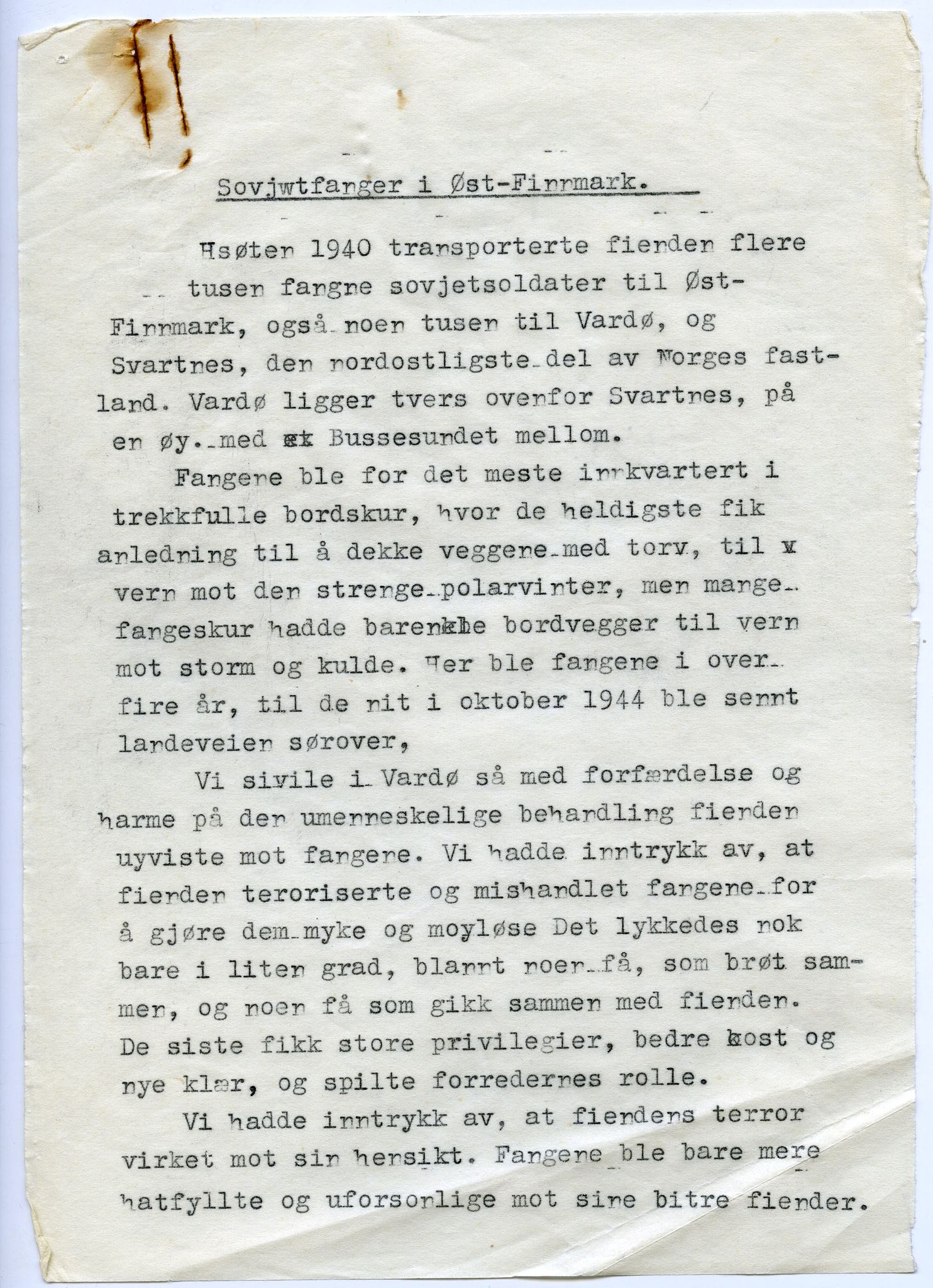 Vilfred Dybos, FMFB/A-1111/F/L0002/0013: Leserinnlegg og manuskripter / Maskinskrevne avisinnlegg: Sovjetfanger i Øst-Finnmark