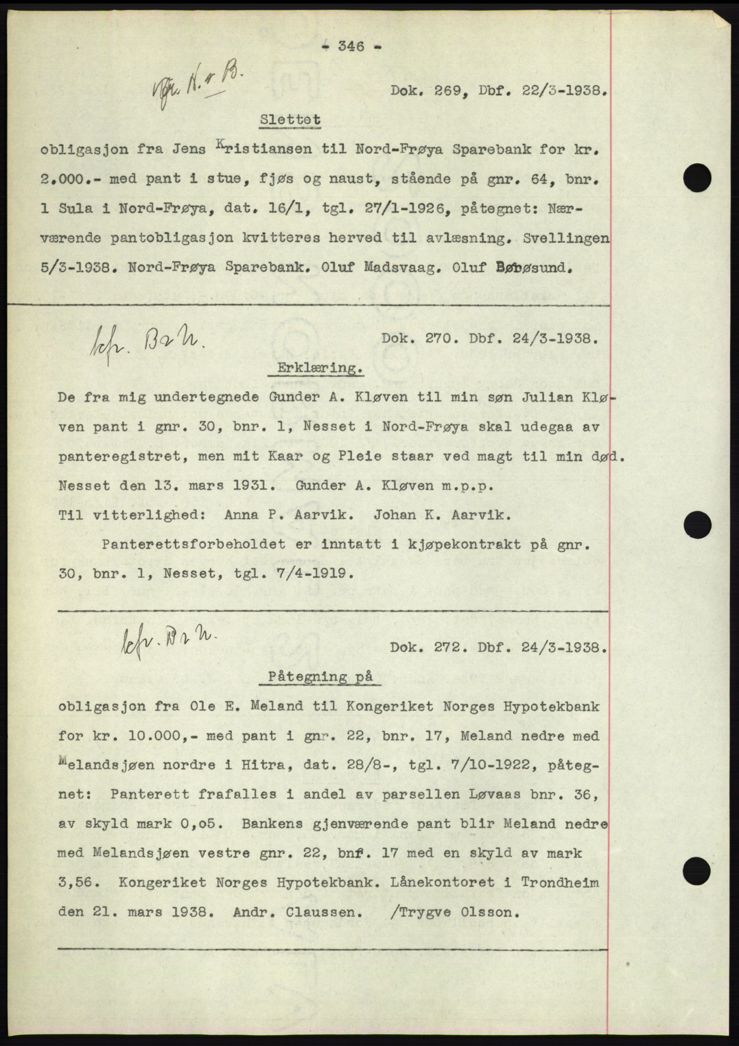 Hitra sorenskriveri, AV/SAT-A-0018/2/2C/2Ca: Pantebok nr. C1, 1936-1945, Dagboknr: 269/1938