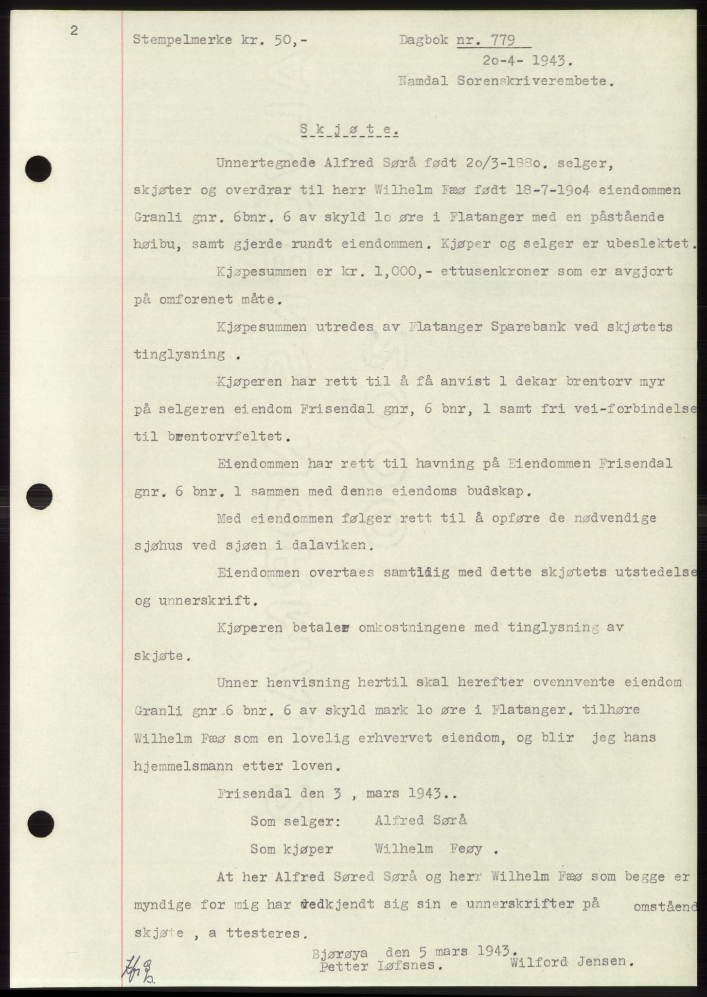 Namdal sorenskriveri, SAT/A-4133/1/2/2C: Pantebok nr. -, 1942-1943, Dagboknr: 779/1943